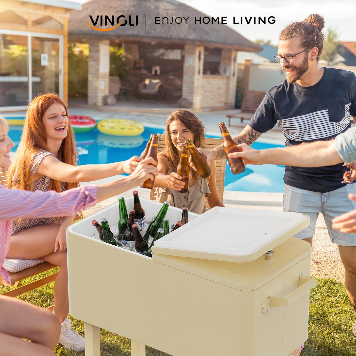 VINGLI 80 Quart Rolling Ice Chest, Portable Patio Party Bar Drink Cooler Cart, with Shelf, Beverage Pool with Bottle Opener (Beige)