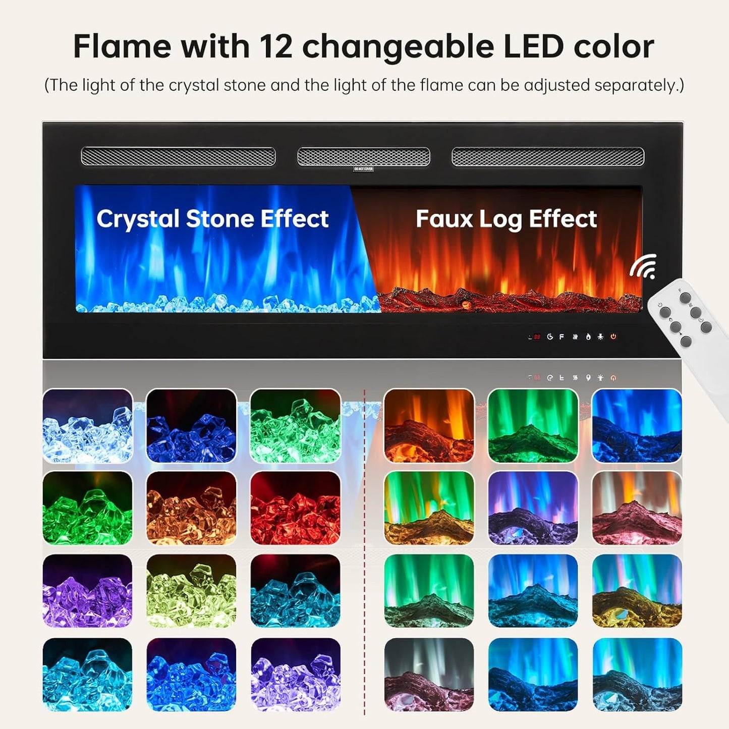 MXV 80'' Floating TV Stand with 40" Electric Fireplace, Modern Media Entertainment Center, TV Console Cabinet Wall Mounted with Adjustable 12-Color LED Lights, for Living Room, Black + Black
