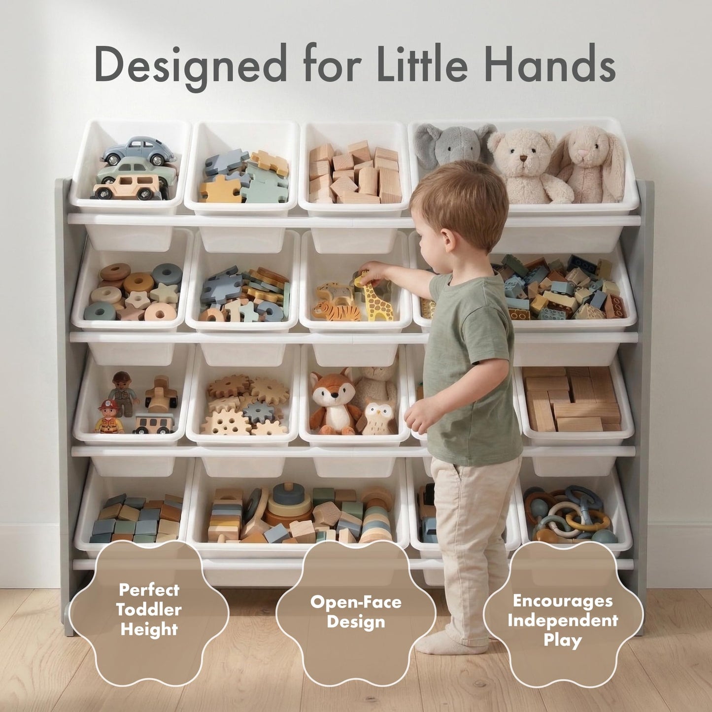 Humble Crew Supersized Toy Storage Organizer with 16 Removable Bins, Grey/White – Large Toy Storage for Toddlers Ideal for Kids' Rooms, Playrooms, and Nurseries - Modern Toy Bins for Kids