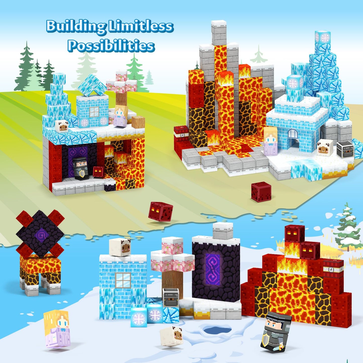 Hiwawind Magnetic Blocks Set, Ice Princess Castle & Lava Realm Fantasy World Building Toys, STEM Montessori Toys for 3 4 5 6 7 8 Year Old Boys Girls, Creative Birthday Gifts for Kids