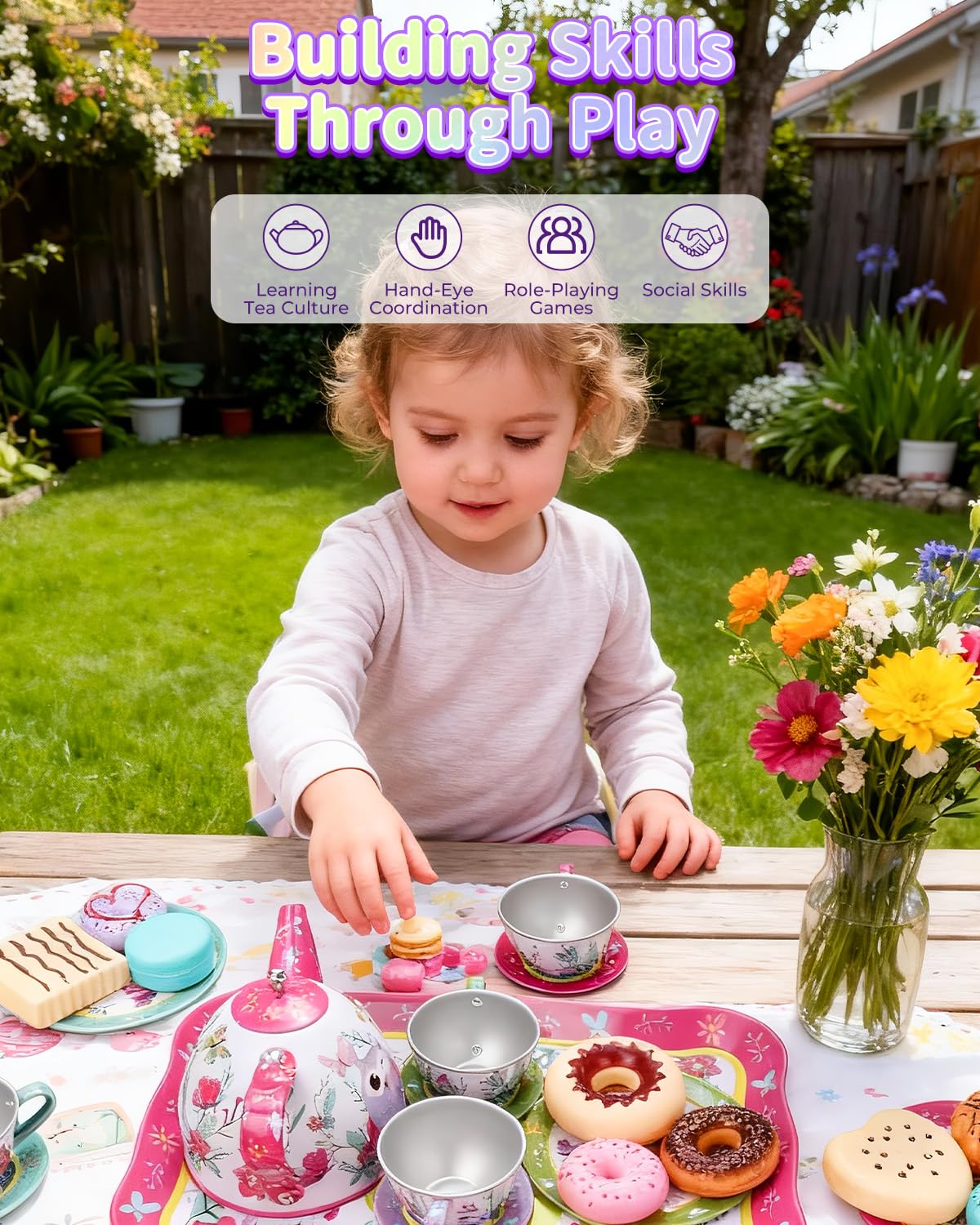 KONYXALU Updated Princess Tea Party Set for Little Girls & Boys - Toddler Tea Set with Dessert & Carrying Case- Immersive Tea Culture Discovery Set -Learn & Play Kids Tea Sets - Ultimate Gift Choice