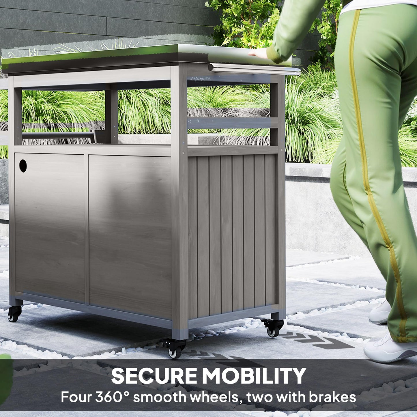 Outsunny Outdoor Grill Cart with Wheels and Storage, Solid Wood Outdoor Kitchen Island with Stainless Steel Top, Movable Bar Cart with Spice Rack, Side Handle, Integrated Hole for BBQ, Gray
