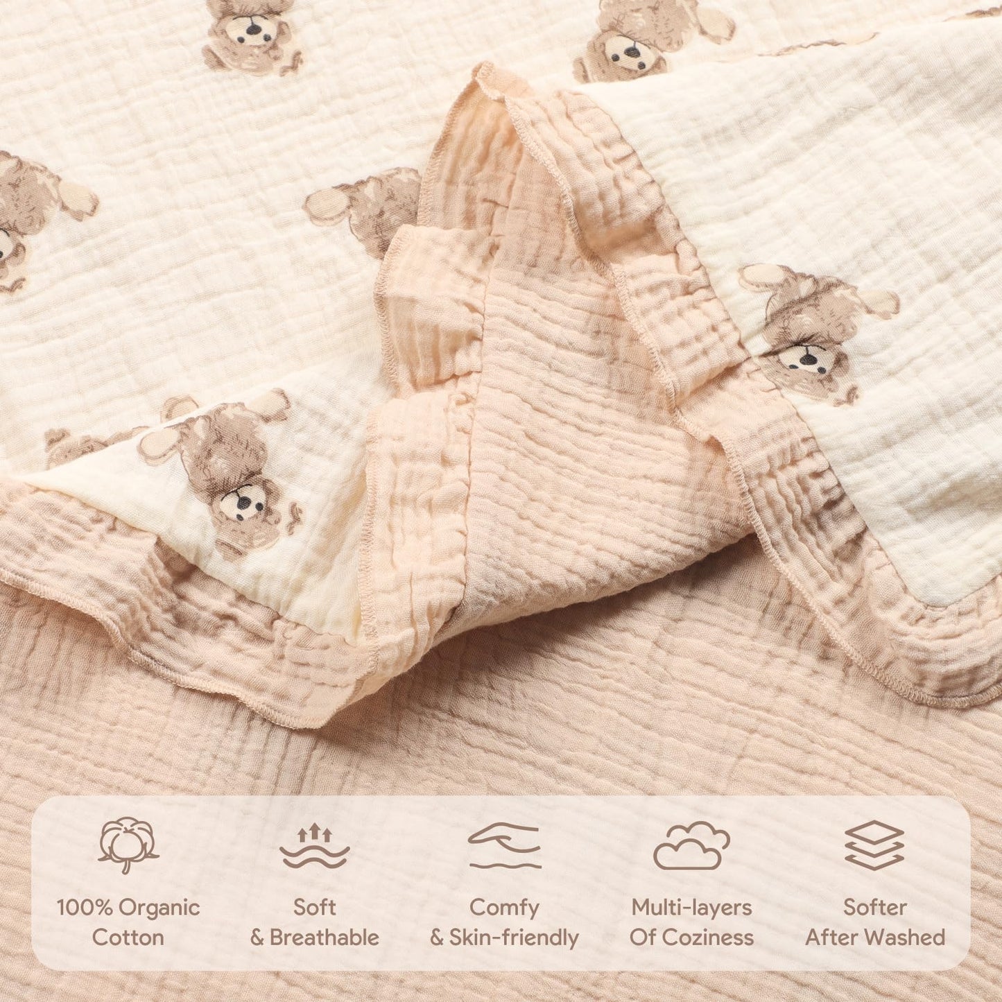 100% Organic Cotton Muslin Baby Blanket Flounce Edge Large 50"x43" Teddy Bear, Soft Breathable Toddler Quilt Crib Blankets Gender Neutral for Baby Boys and Girls Bassinet, Bed, Stroller & Snuggling