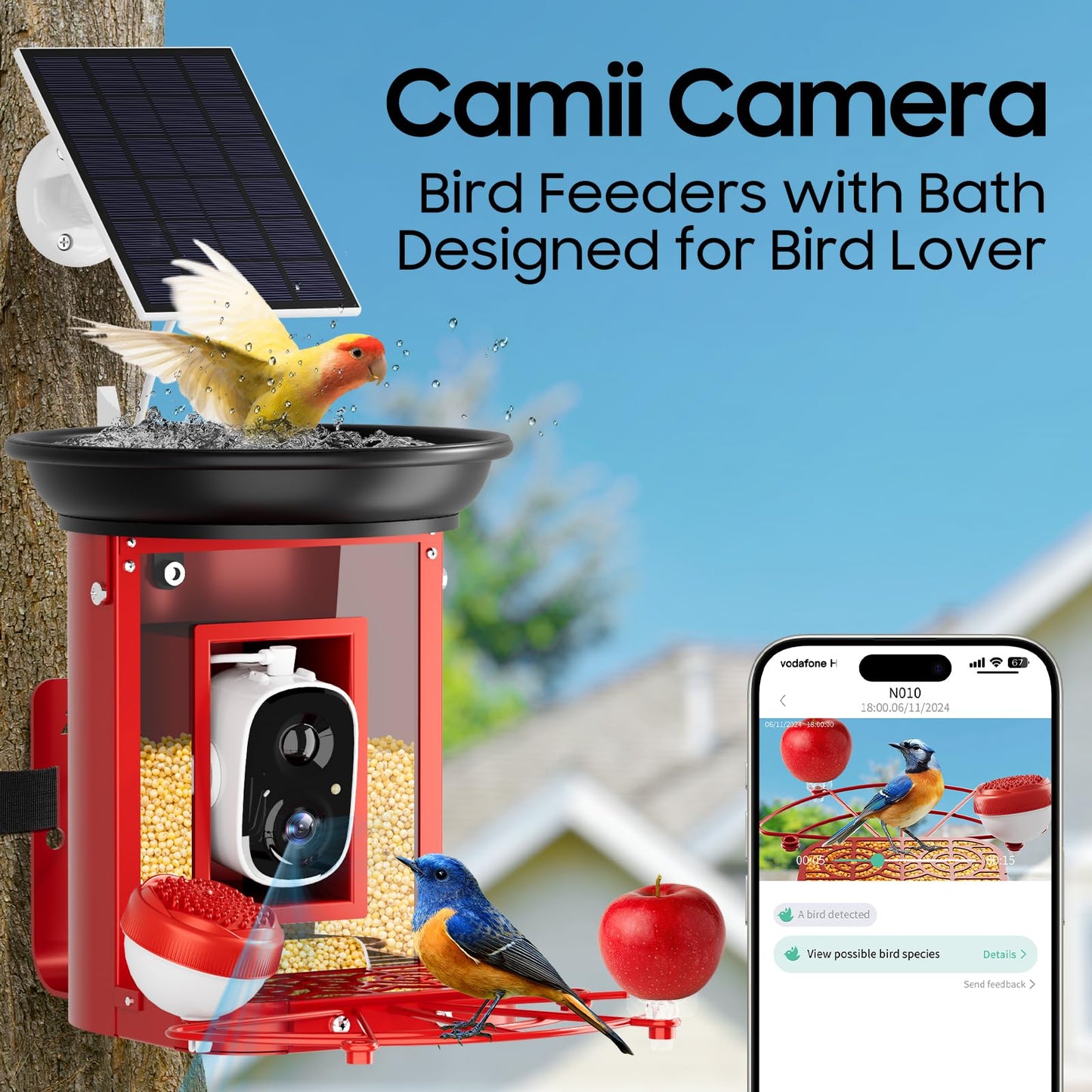 Camii Smart Bird Feeder with 2K HD Camera - Auto Capture & Motion Detection, Solar-Powered, Identifies Bird Species, Live Video with Bath