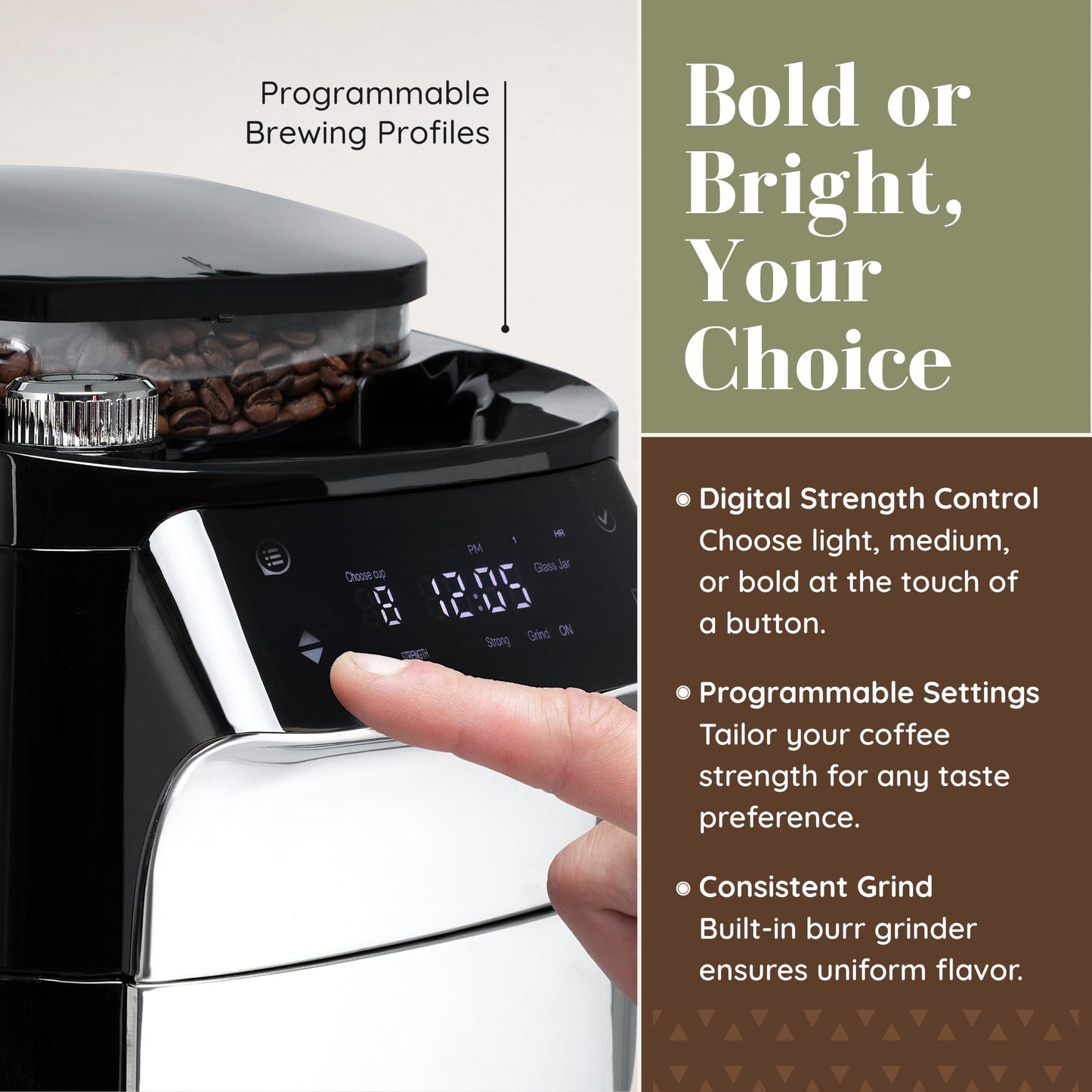 AMBRISTA 12-Cup Digital Drip Coffee Maker with Built-In Burr Grinder | Programmable Coffee Machine | Reusable Filter and Refillable Water Tank | Warming Plate with Glass Coffee Pot