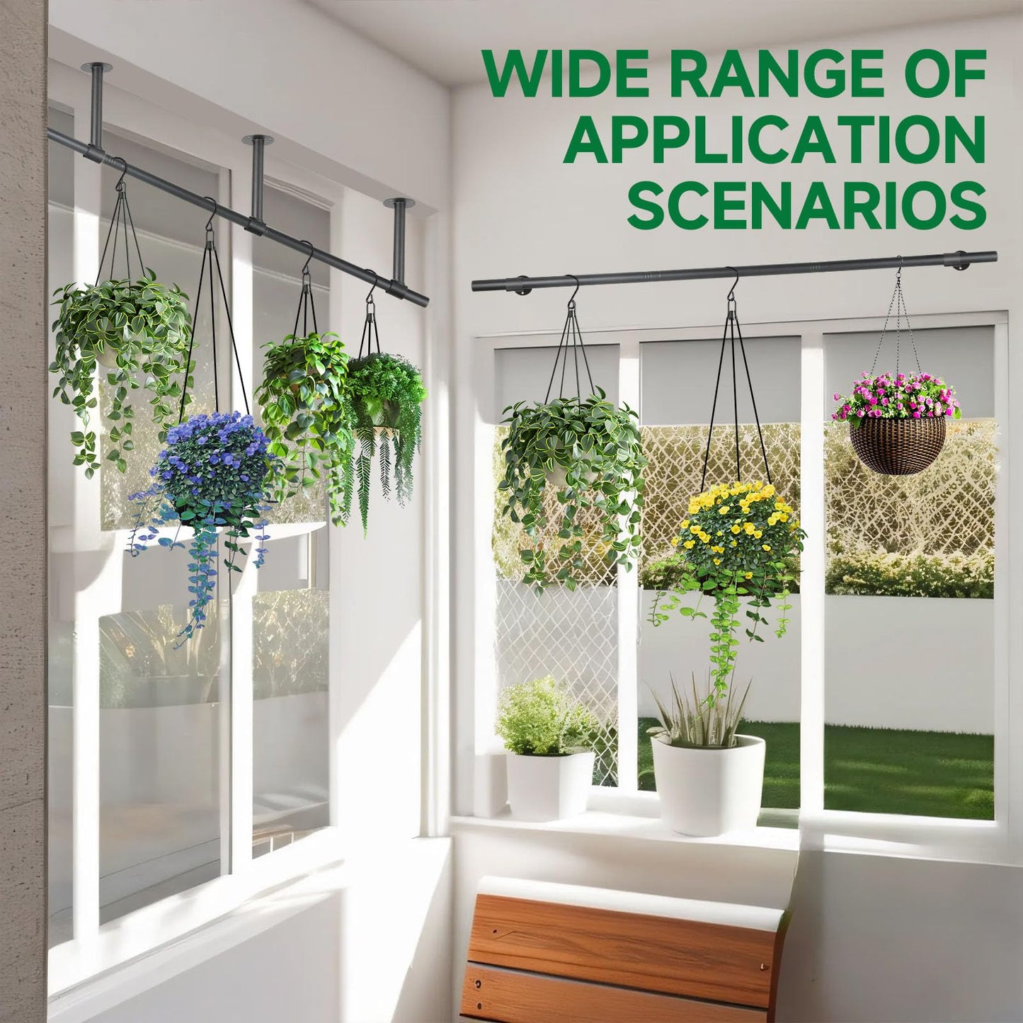 Hanging Planters Rod – Plant Hanger Indoor for Window Ceiling, Hanging Plant Shelf for Wall Planter House Plants, Plant Shelves Metal Holder Bar 63In (Pots, plants, chains not included)