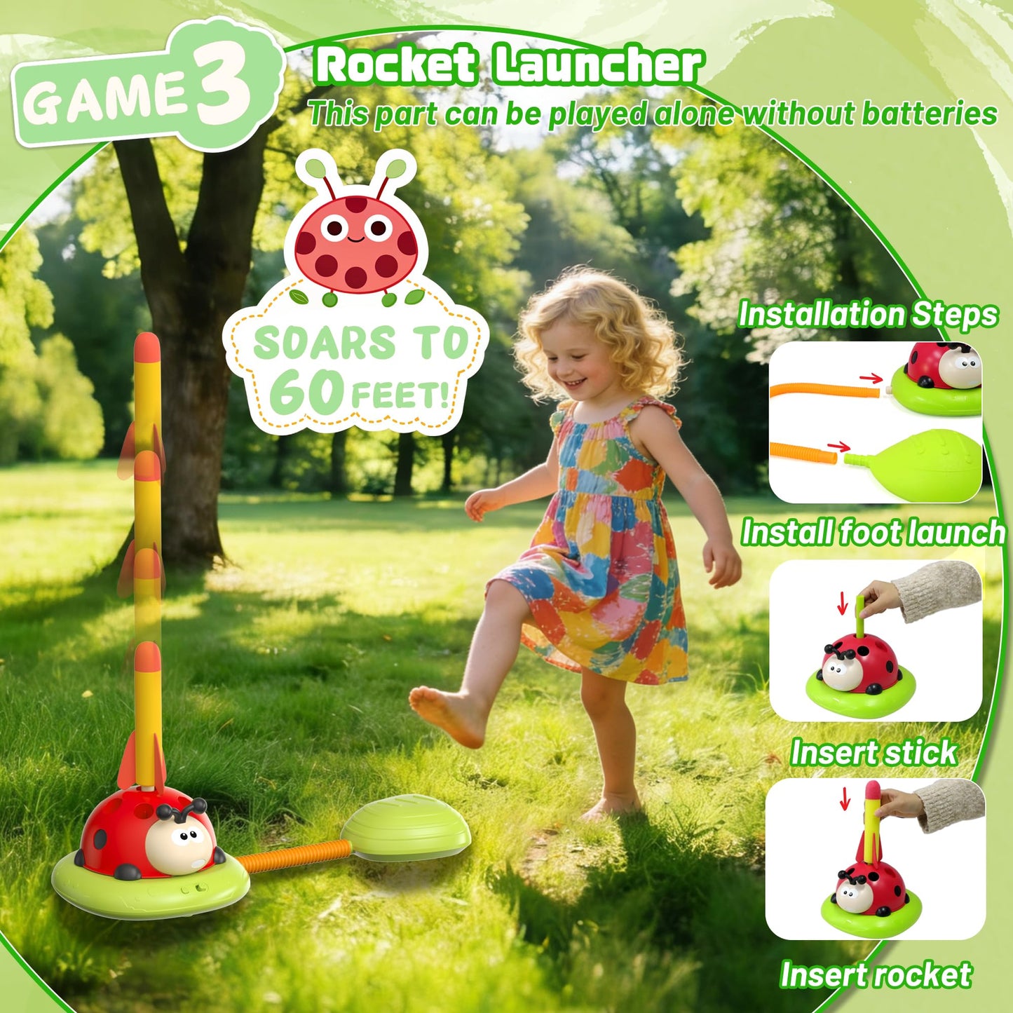 5 in 1 Musical Jump, Bean Bag Toss Ring Game, Baseball Toys and Stomping Launch Rocket Launcher for Kids Remote Control Indoor Outdoor Sports Toys for Kids Ages 4-8 3-5 Birthday Easter Gifts