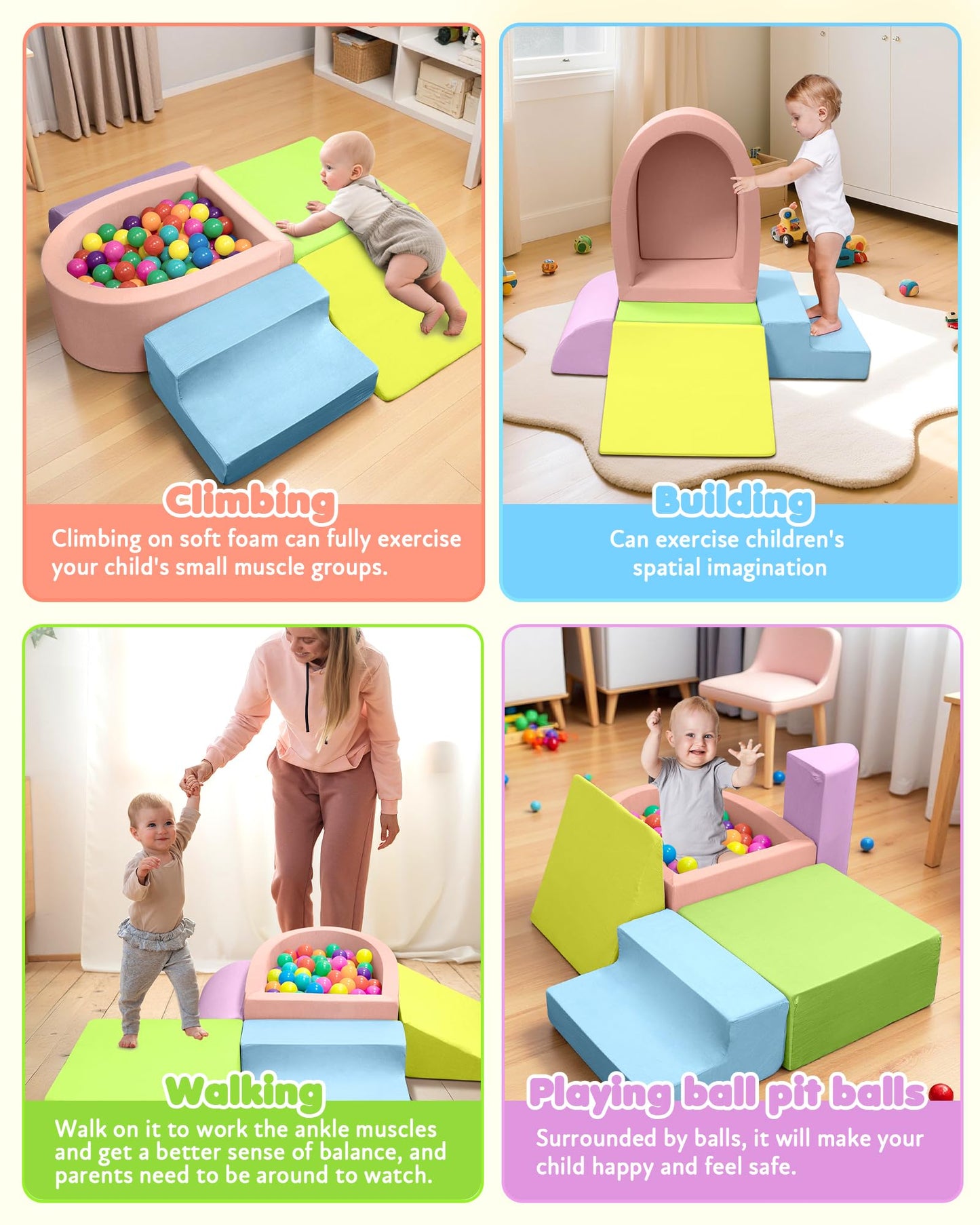 Auksay Baby Climbing Blocks, Soft Play Set for Crawling Baby 6-12 Months, Anti-Slip Particles Bottom & Velcro Connectors, High-Density Foam Gym with Soft Fabric Cover (Balls not Included)(Colorful)