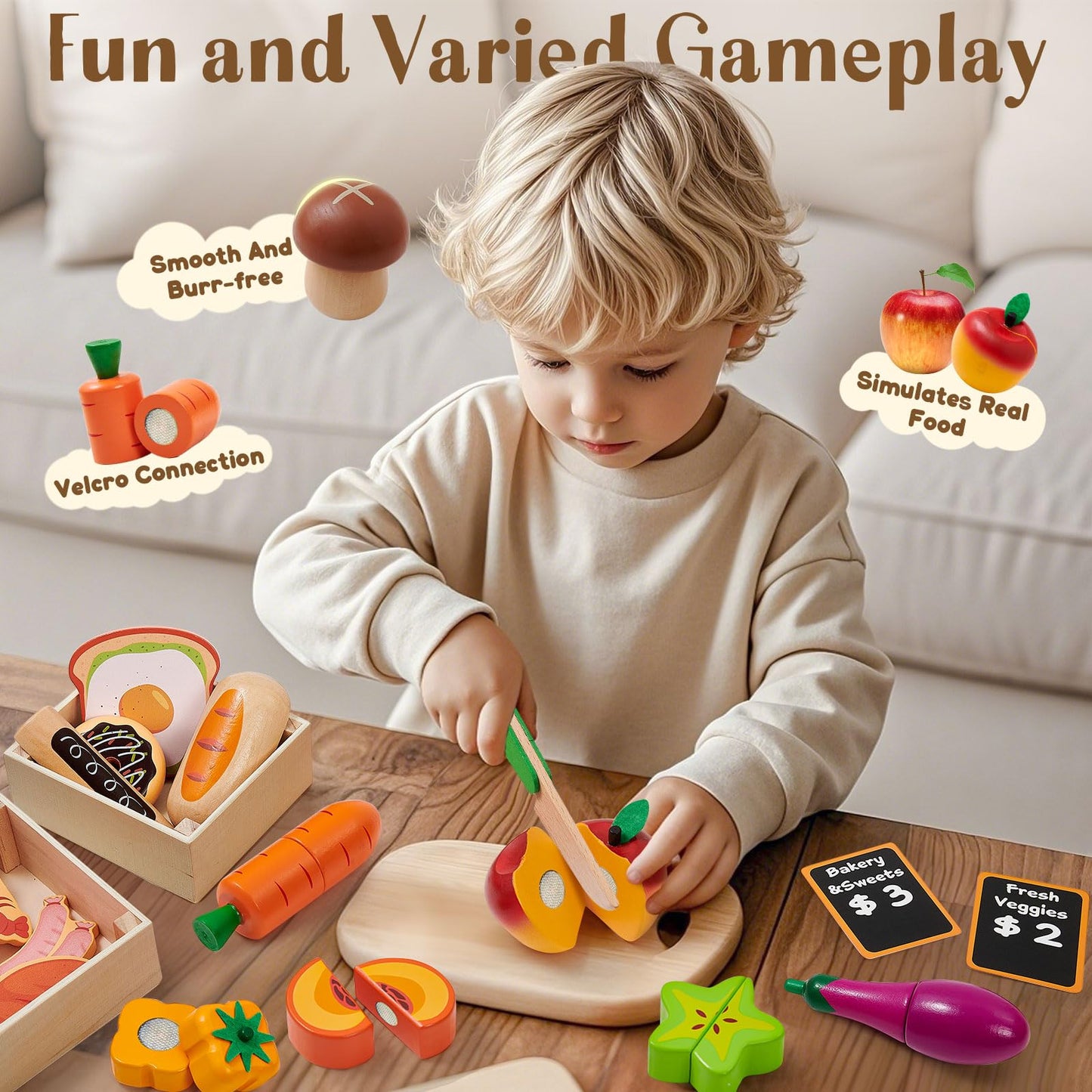 Toyssa 40+ Pcs Wooden Play Food Set with Grocery Store Shelf & Cutting Toys, Pretend Play Kitchen Accessories for Toddlers Kids, Educational Farmers Market Role Play Gifts for Girls Boys 3-7 Years