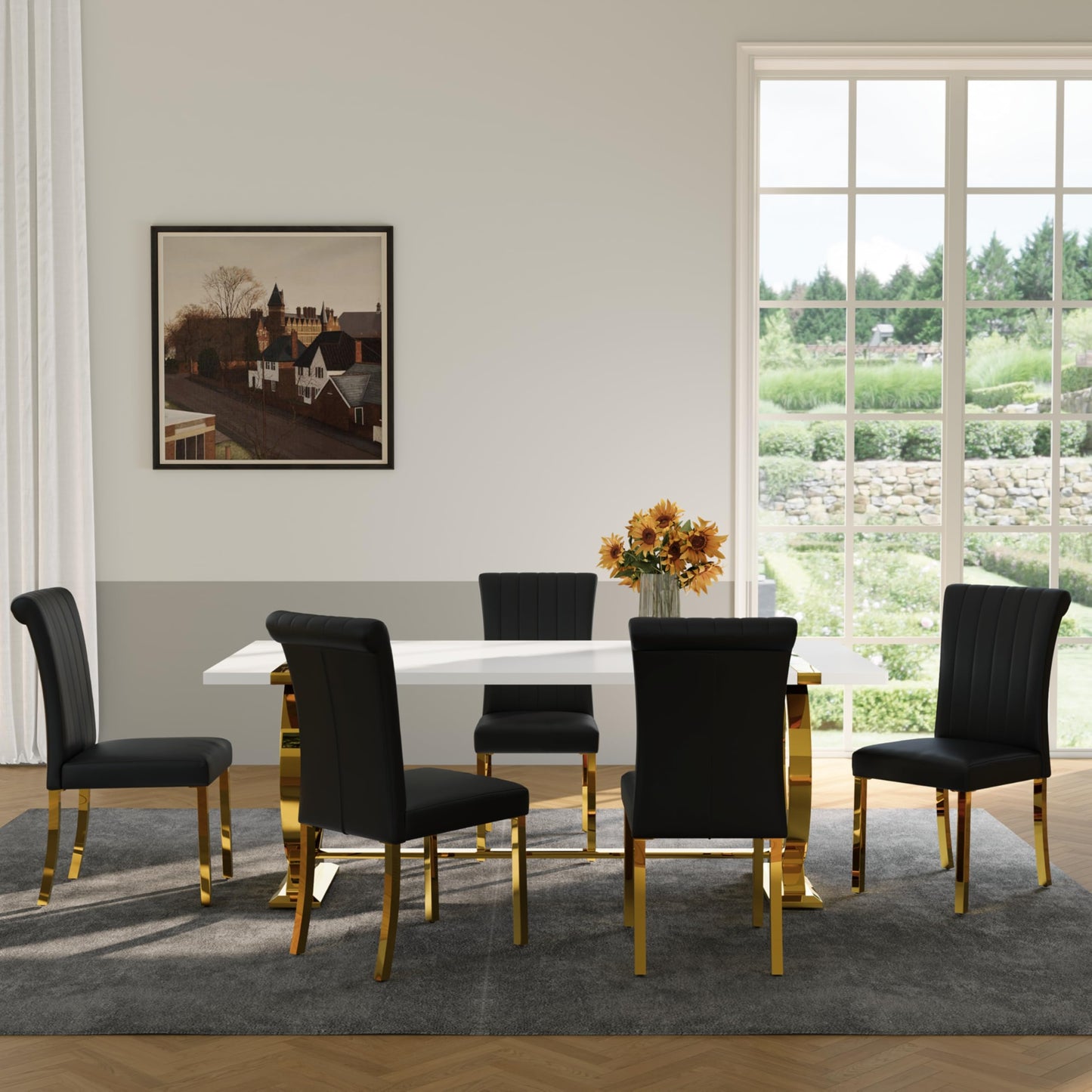 Asday Dining Table Set with 6 Chairs PU Upholstered, 80 Inch White Dining Table Polished Gold U Shape Legs, Modern Rectangle Dinner Table Set for Kitchen