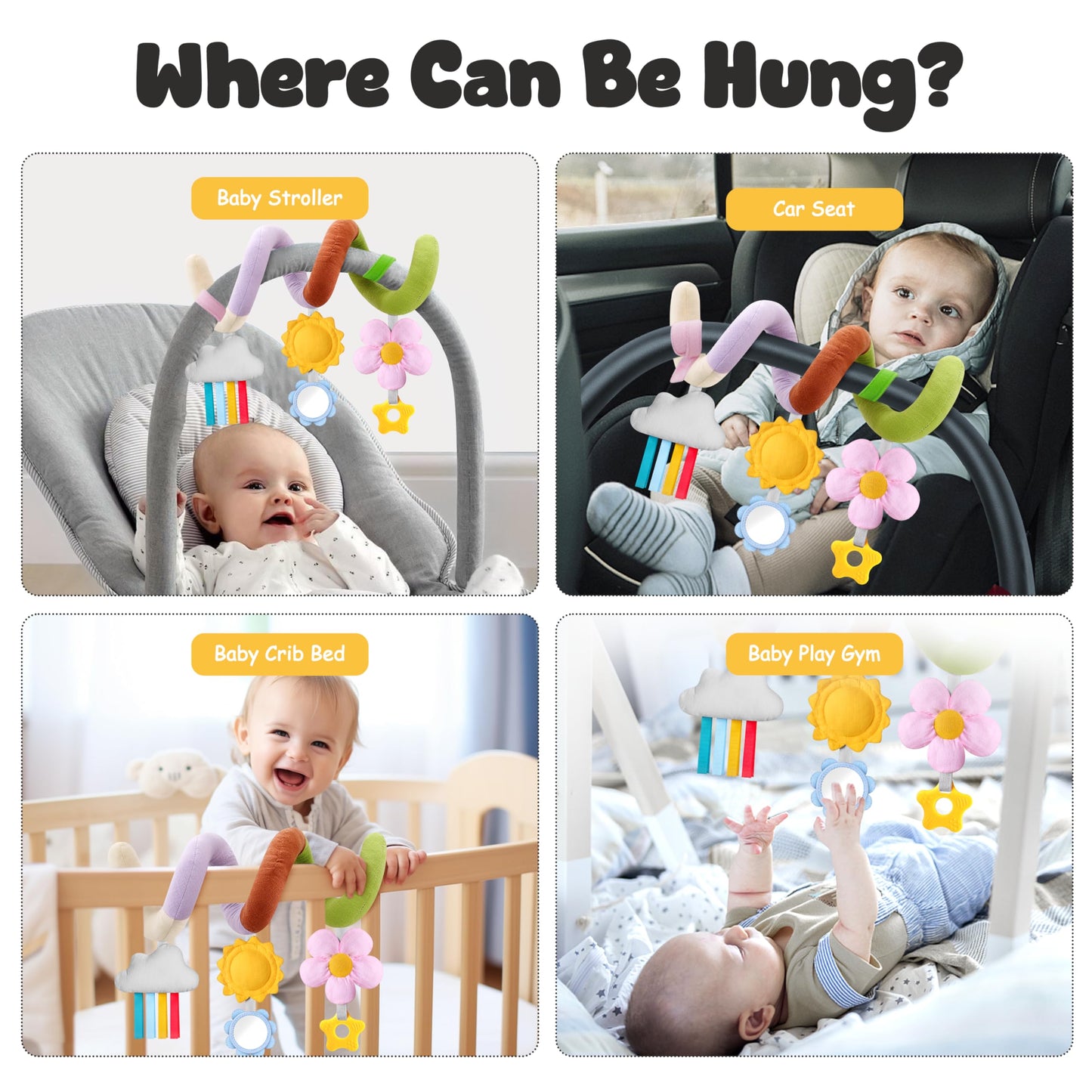 Stuffed Spiral Baby Car Seat Toys, Best Newborn Shower Gifts, Soft Infant Essentials Must Have Stroller Hanging Toys (Vibrant Nature)
