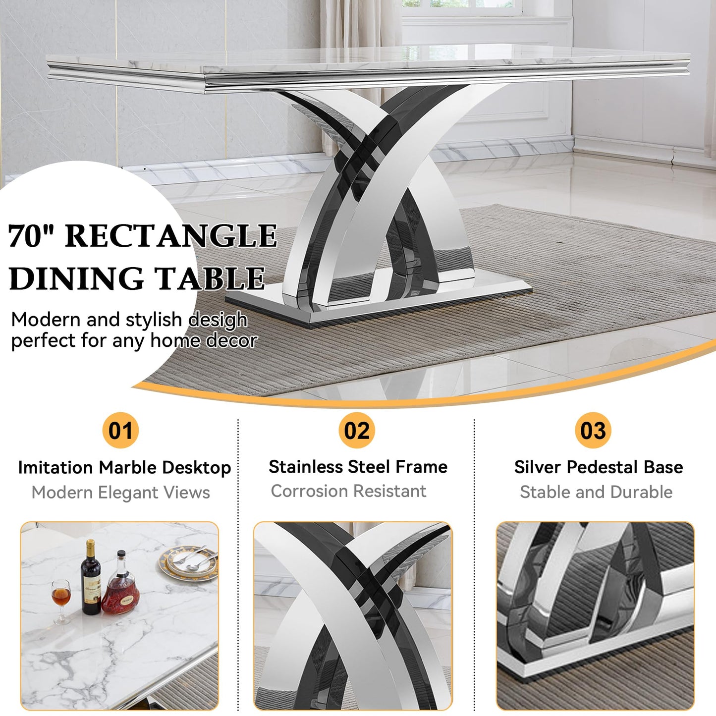 68" White Marble Dining Table Set for 6, Modern 7-Piece Faux Marble Kitchen Dining Room Table Set w/Steel X-Base & 6 Grey Velvet Dining Chairs, Luxury Silver Kitchen Table and Chairs Set of 6