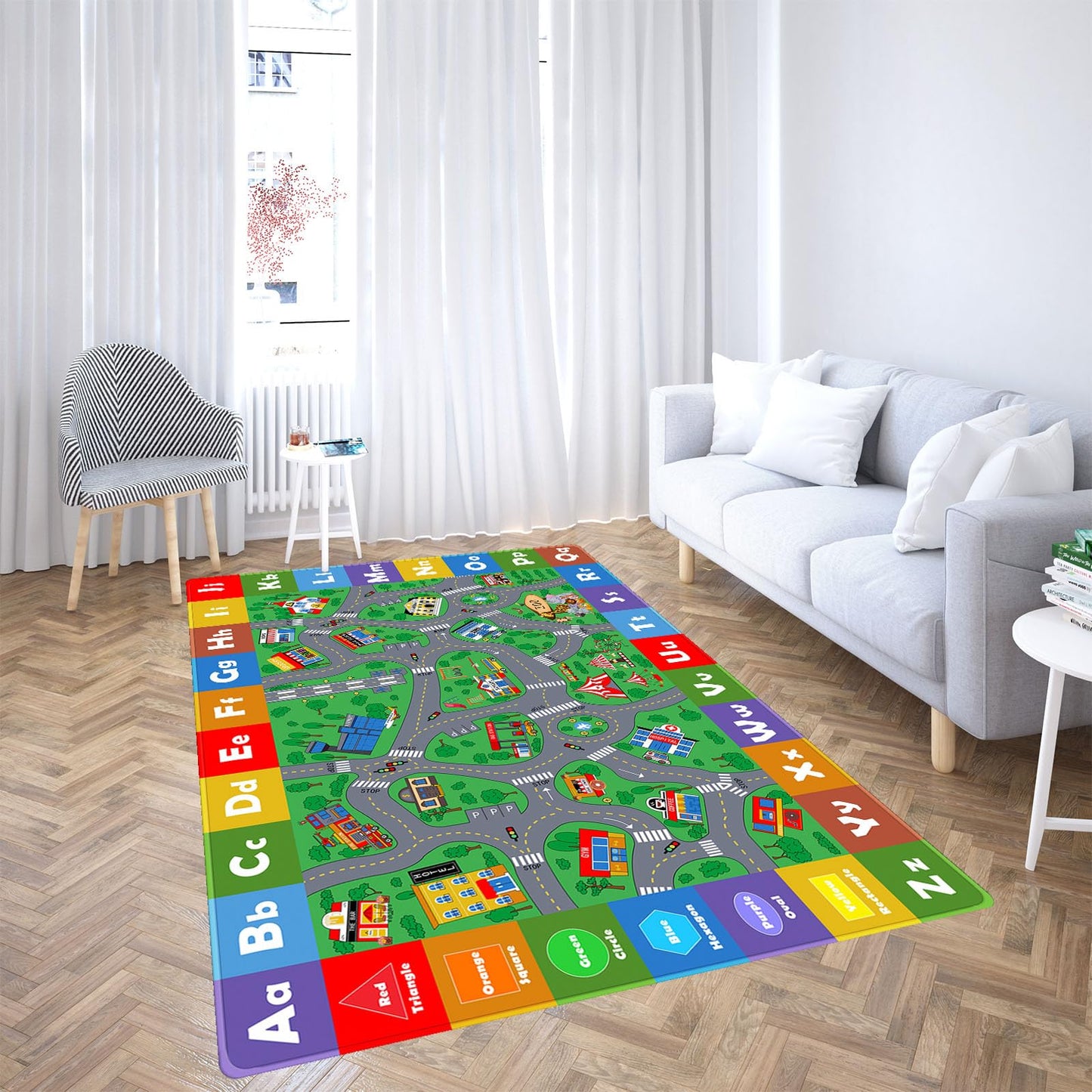 Kids Play Mat, Super Soft Car Track Rug, ABC and Shapes Educational Playmat, Non-Slip City Road Traffic Carpet Nursery Rugs for Playroom Bedroom Boys, Children Play Area Rug