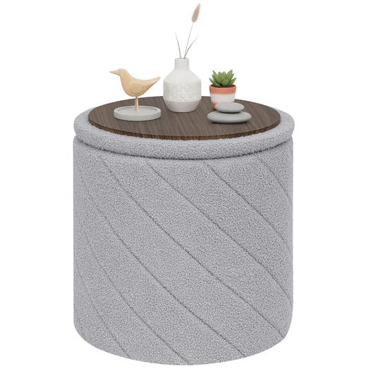 PINPLUS Ottoman with Stroage Round Boucle Ottoman and Tray Sherpa Removable Foot Stool Coffee Table for Dorm, Living Room Grey, 16.9"x16.9"x17.7"