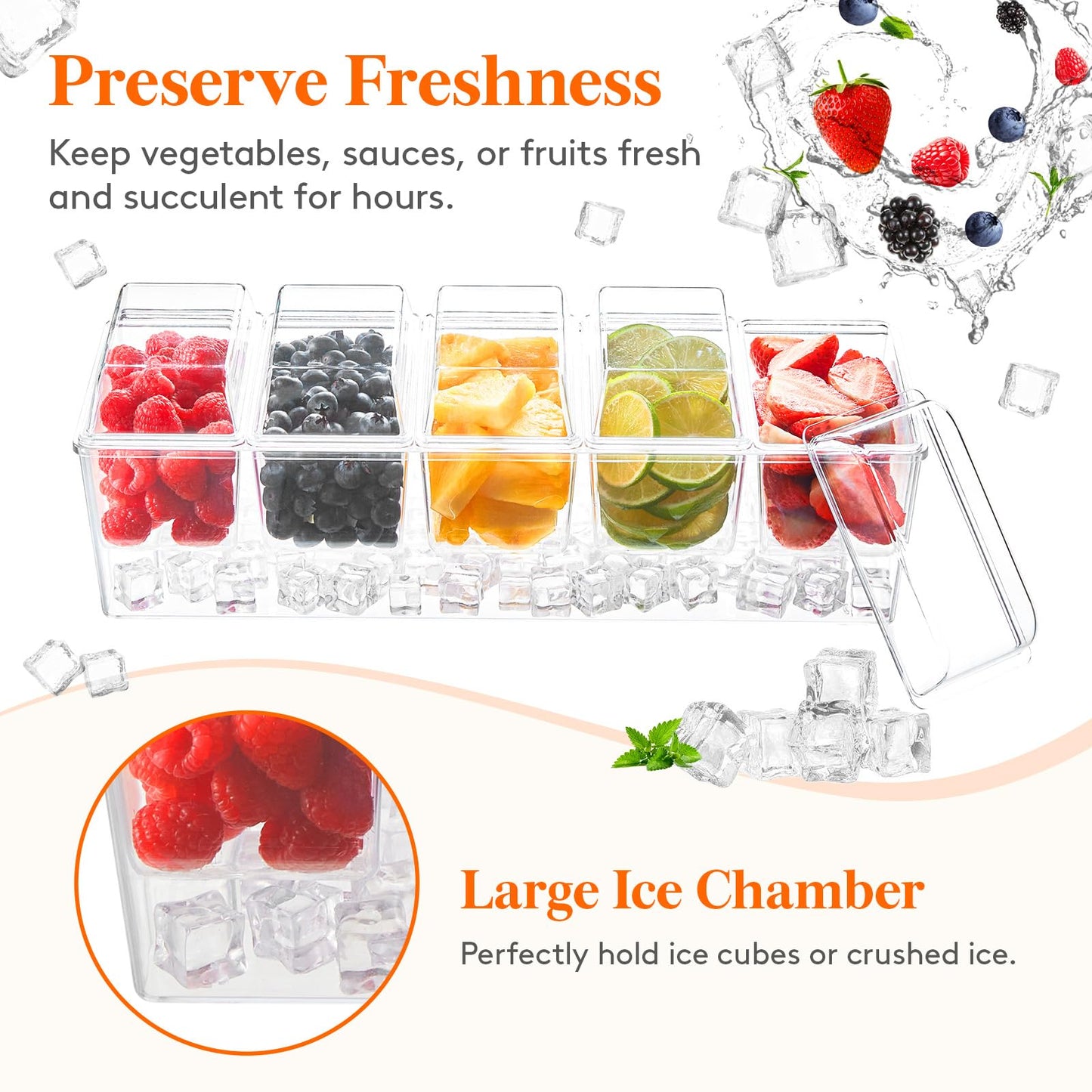 Lifewit Ice Chilled Condiment Caddy with 5x 20oz(2.5 cup) Containers, 15.3" Condiment Server with Separate Lids, Serving Tray Platter with Removable Dishes for Bar, Fruit, Salad, Taco, Party Garnish