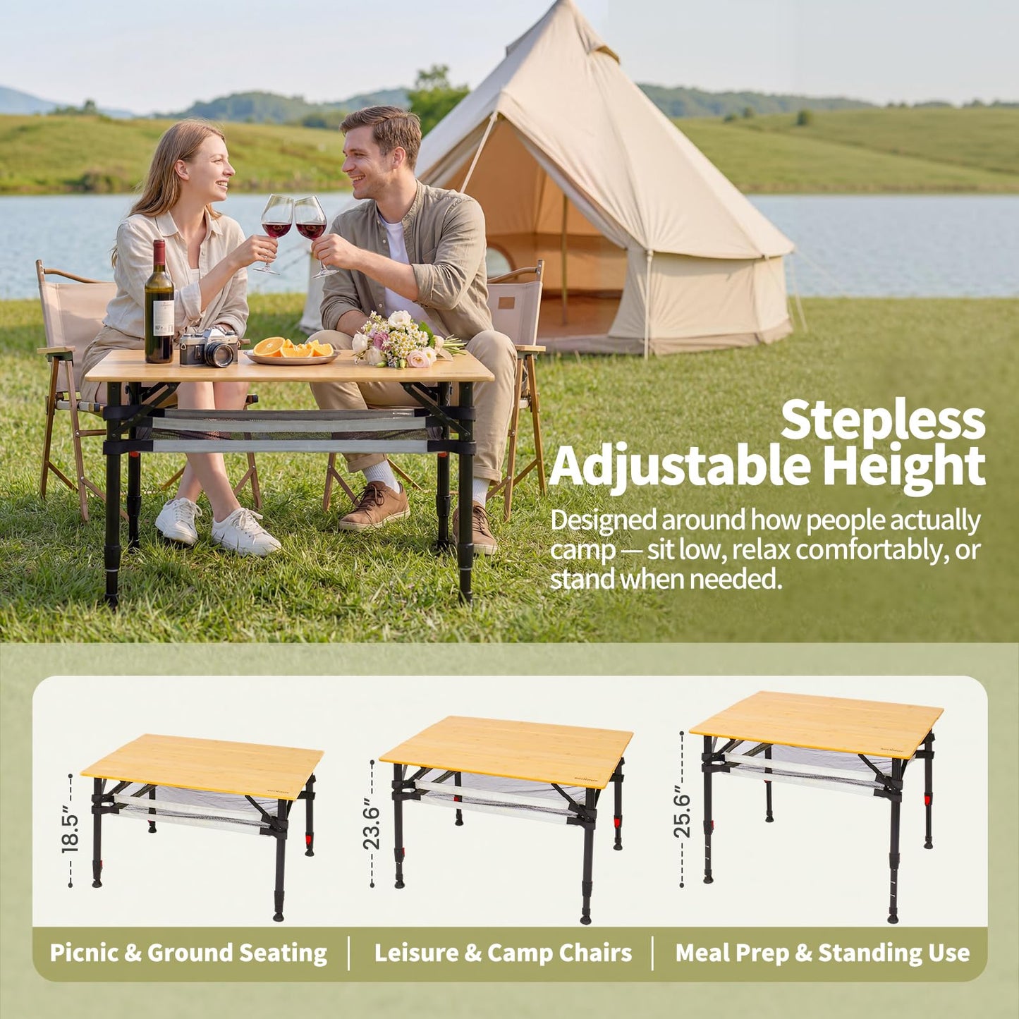 Join Nature Bamboo Camping Table, Adjustable Height Folding Outdoor Table with Aluminum Frame, Portable Camp Table with Carry Bag for Camping, RV, Picnic & Tailgating