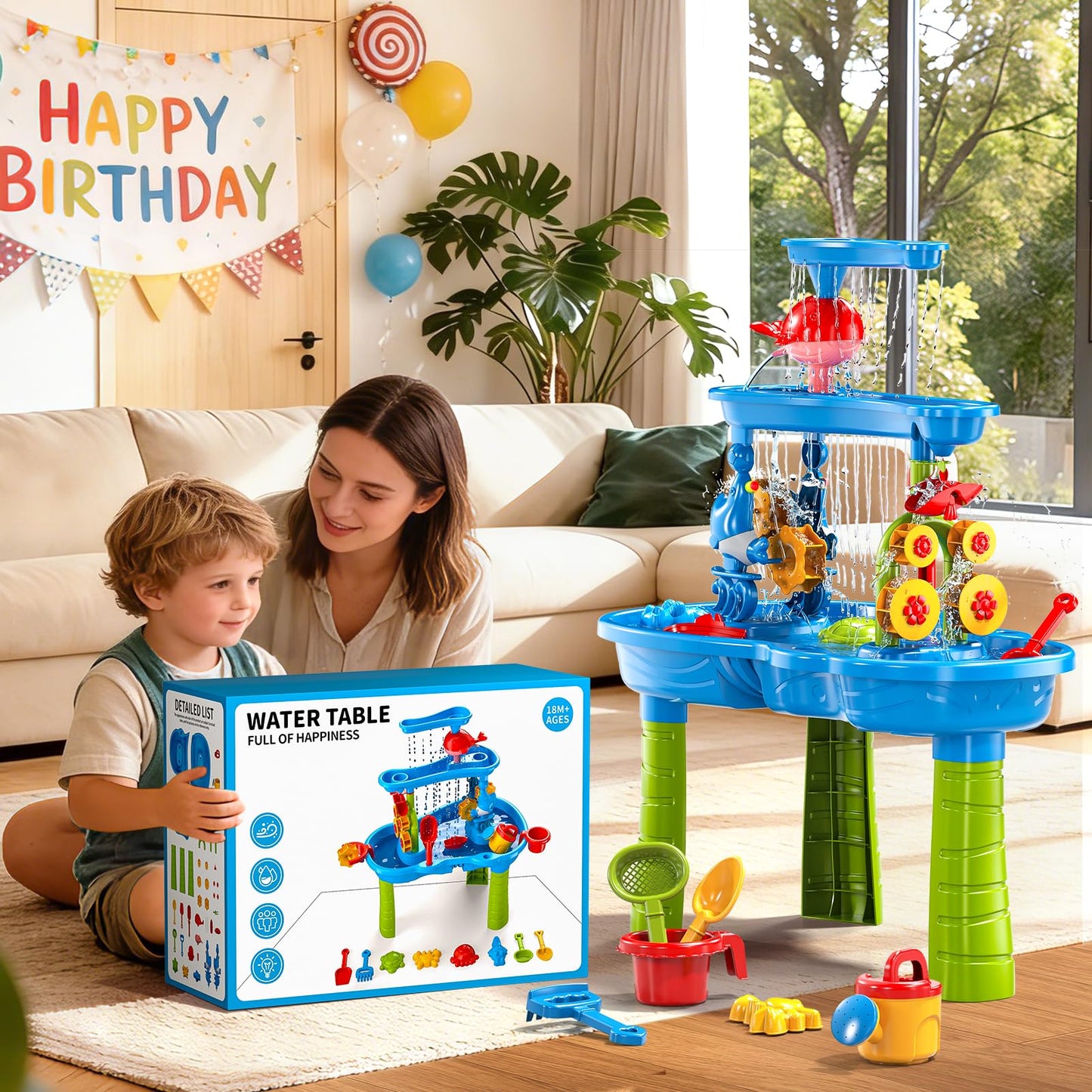 Sand Water Table for Toddlers Kids 2 3 4 5 6 Years Old, 3-Tier Sand and Water Table for Boys Girls, Splash and Play Activity Set with Rich Accessories for Outdoor Indoor Fun, Summer Beach Toy for Kids