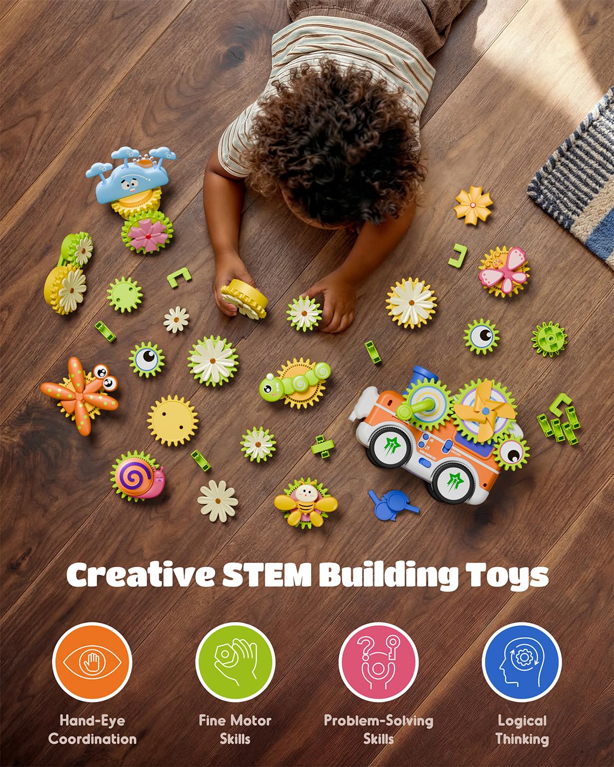 LIGHTDESIRE Montessori Toys for Toddlers 3 4 5 6 Years Old,Musical Baby Toy Train Electric Rotating Gear Flower Building Toddler Learning Toys,Stem Toy DIY Assembly Birthday Gifts Baby Boy Girl,Orange
