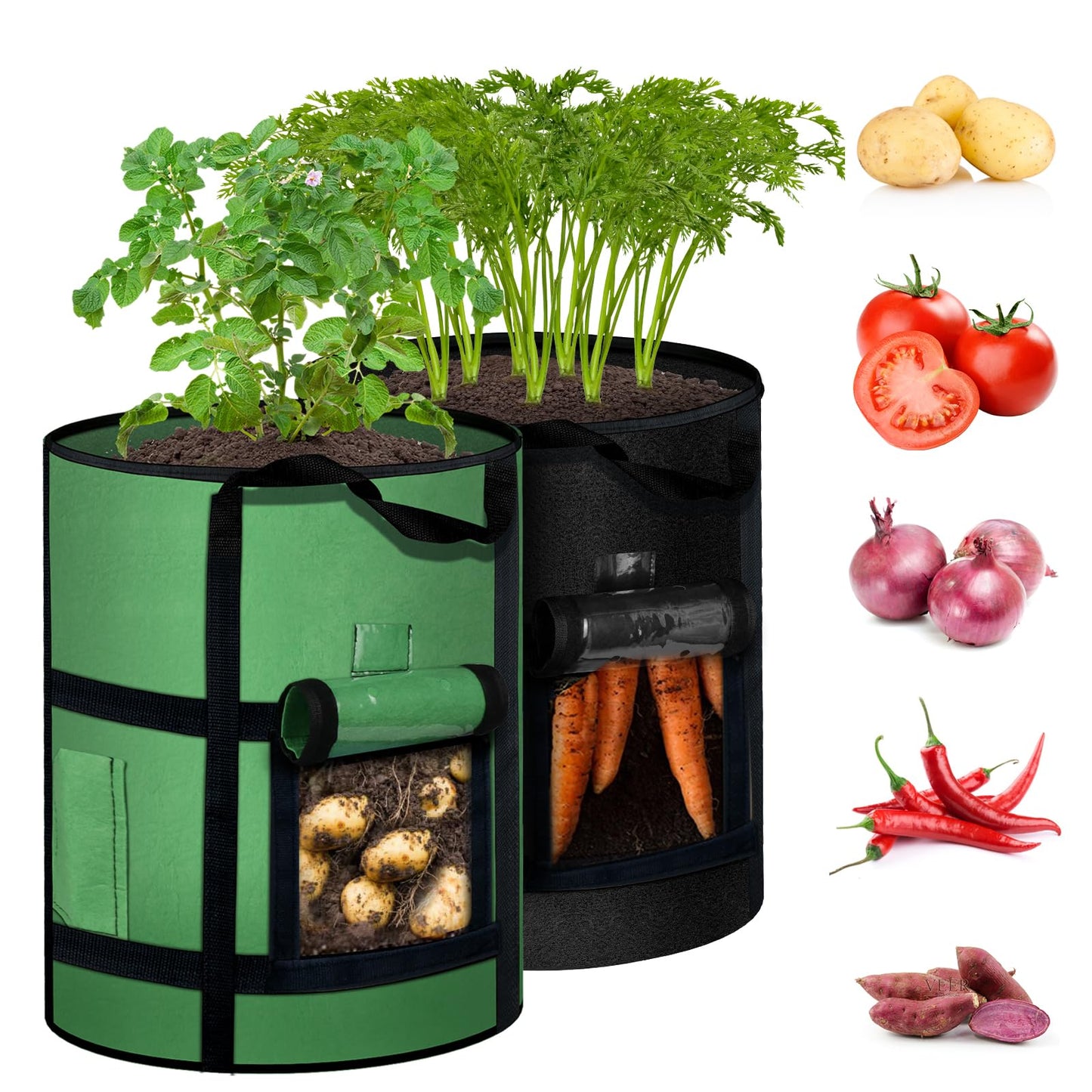 MEKOLIFE 7 Gallon Potato Grow Bags with Viewing Window, 300G Nonwoven Garden Planting Pots, Heavy-Duty Surround Handles for Gardening Supplies (2Pack Grow Bags)