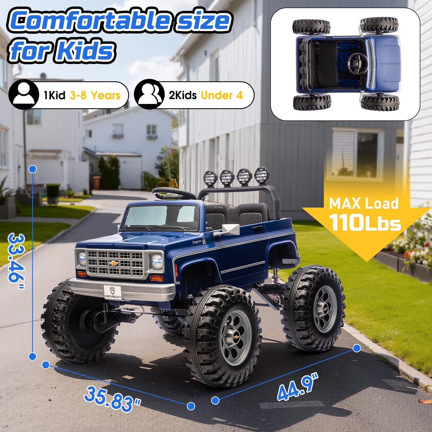 MUKIDY 24V Ride on Car, Licensed Chevrolet Cheyenne Truck w/2X200W Motor, Remote Control, Decoration Streamer, 24 Volt Ride on Toys Power Big Wheels for Big Kids,Blue
