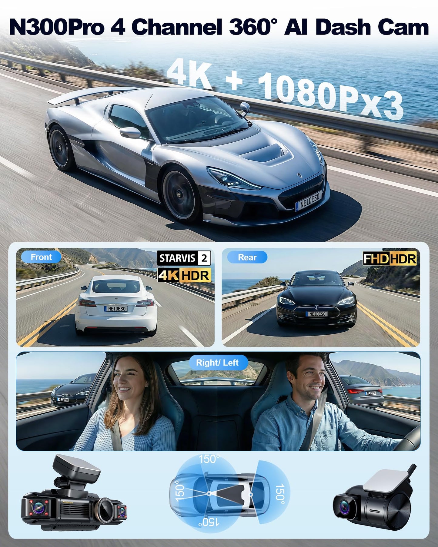 4K STARVIS 2 Dash Cam Front Rear, 5.8GHz WiFi 20MB/s Download, Free 64GB Card, 4 Channel 360° Dash Camera, 3" Touch Screen, AI Driver Monitor System, WDR Night Vision,HDR GPS,24H Parking Mode(N300Pro)