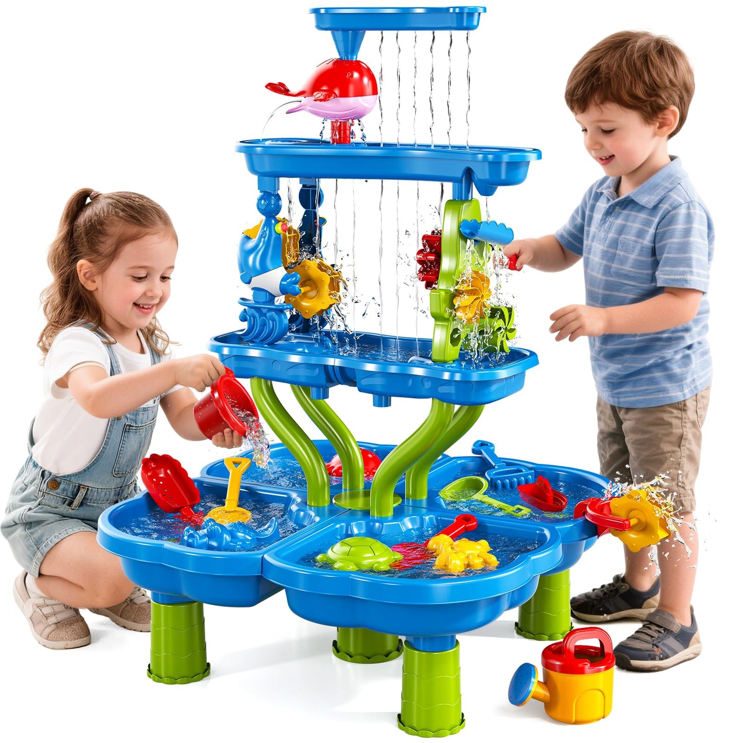 Guminnara 4 -Tier Kids Water Play Table for Toddlers 18M+ 3-5 4-8 Years, Sand and Water Table with Activity Play Set, Water & Sand Sensory Play Table Summer Beach Outdoor Indoor Toys for Birthday