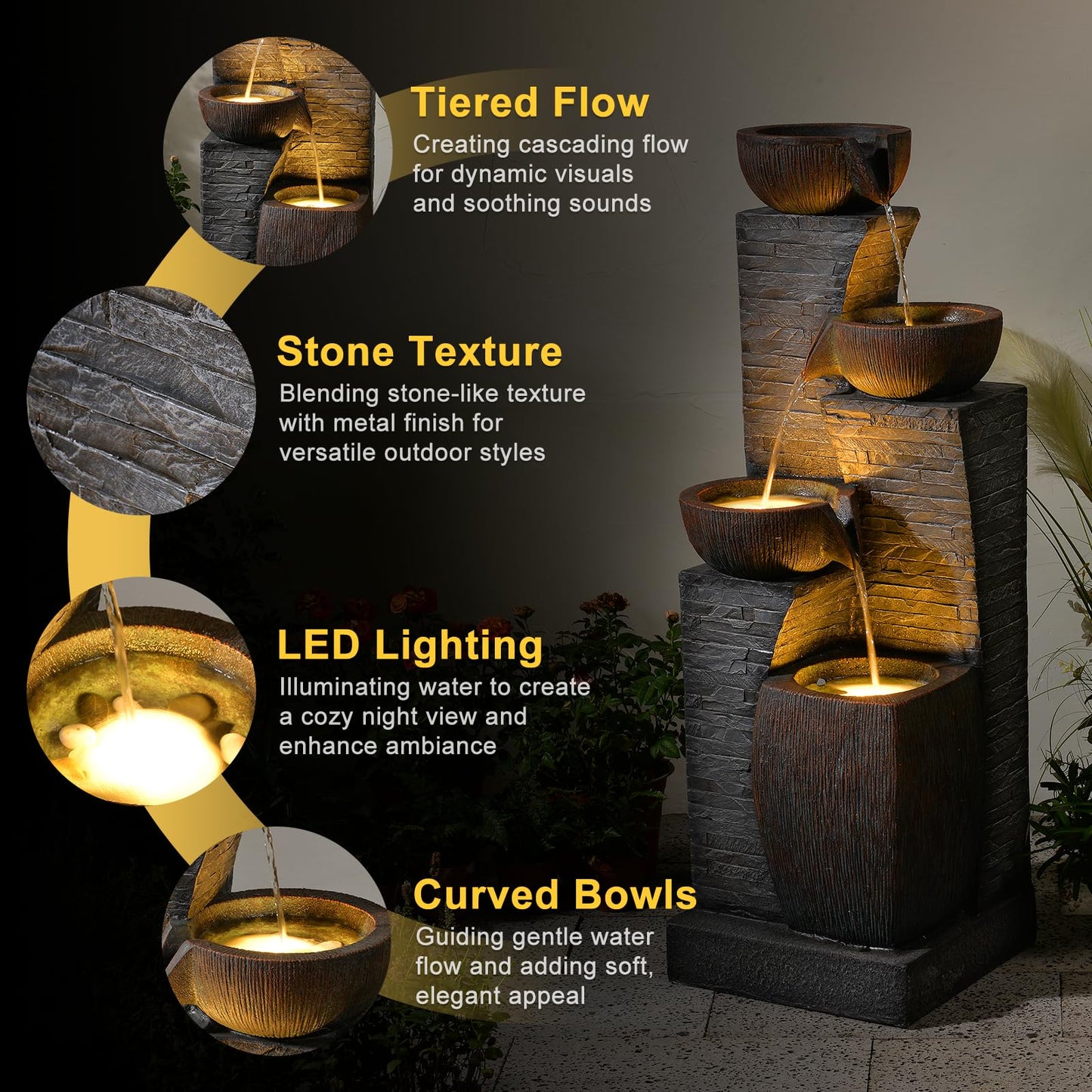 KAISOKU 38.2" Tall Outdoor Water Fountain,Stone Texture Modern 4 Tiers Cascading Bowls Garden Fountains Outdoor,Suit for Patio, Deck, Porch, Lawns, Backyard and Home Art Decor