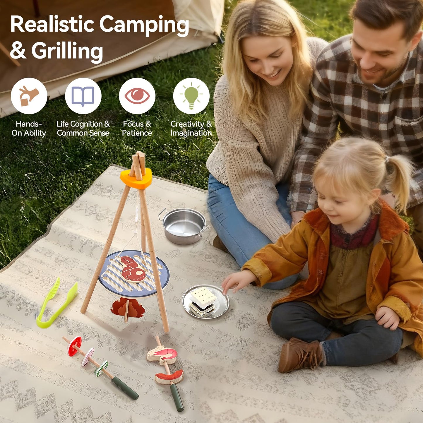 Wooden Kids Camping Toy Set, Campfire Cooking Play Set with Tripod Grill, S’Mores & Kebab Skewers, Montessori Pretend Camping Kitchen Gift for Toddlers Ages 3–6