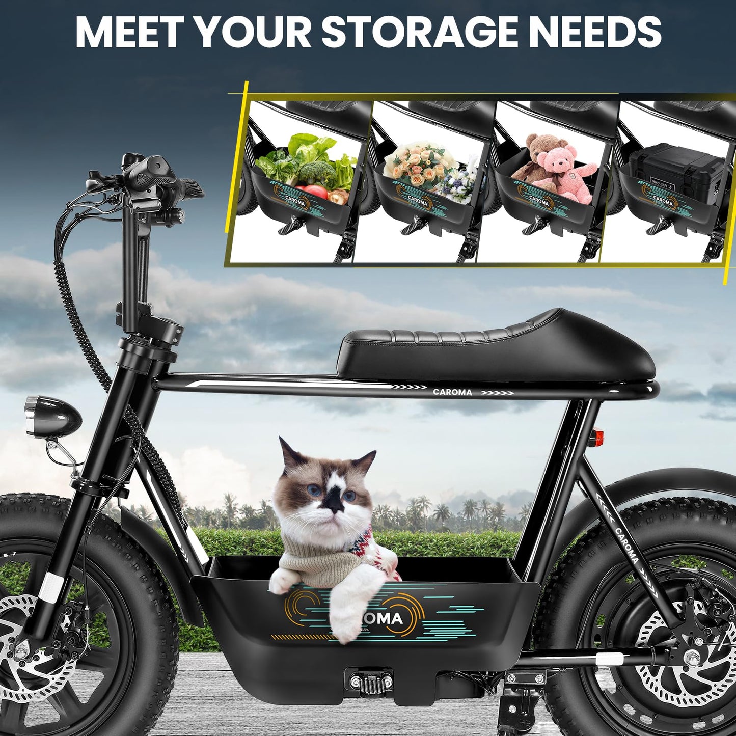 Caroma Peak 1200W Electric Scooters with Seat, 16" Fat Tire for All-Terrain, 30Miles Max Range, 20mph Top Speed, Commuter Escooter for Adults&Teens, Electric Motorcycle with Carry Basket，Black