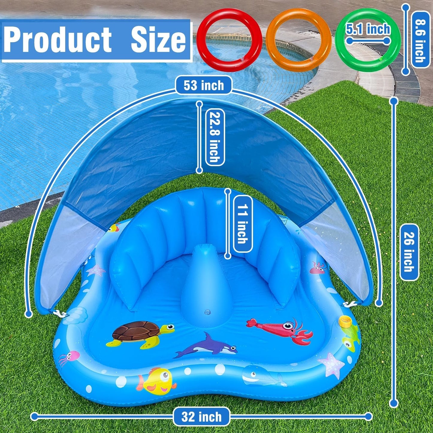 iGeeKid Baby Play Mat with Sprinkler, Inflatable Baby Pool Float with Canopy Backrest & Stackable Rings Water Sprinkler for Kids, Outdoor Water Play Toys for Toddlers Backyard Swimming Water Games