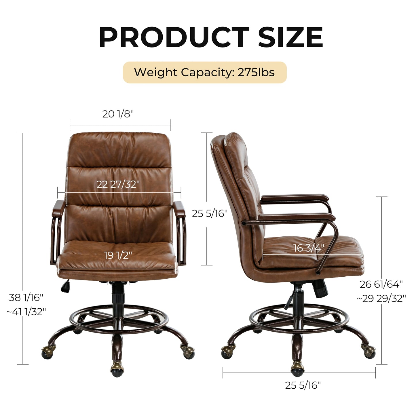 EUREKA ERGONOMIC Mid-Century Vintage Office Chair, Faux Leather Executive Desk Chair with Unique Ball Casters and Fixed Footrest Ring, Brown Retro Swivel Chair for Home Office and Study, Brown