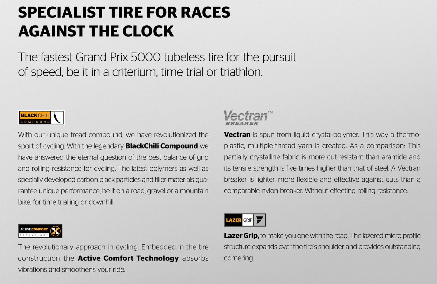 Continental Grand Prix 5000 TT TR - Tubeless Road Bike Tire | The Fastest, for the Pursuit of Speed - BlackChili, Vectran Breaker, LazerGrip, Active Comfort Technology (Black) (700x28)
