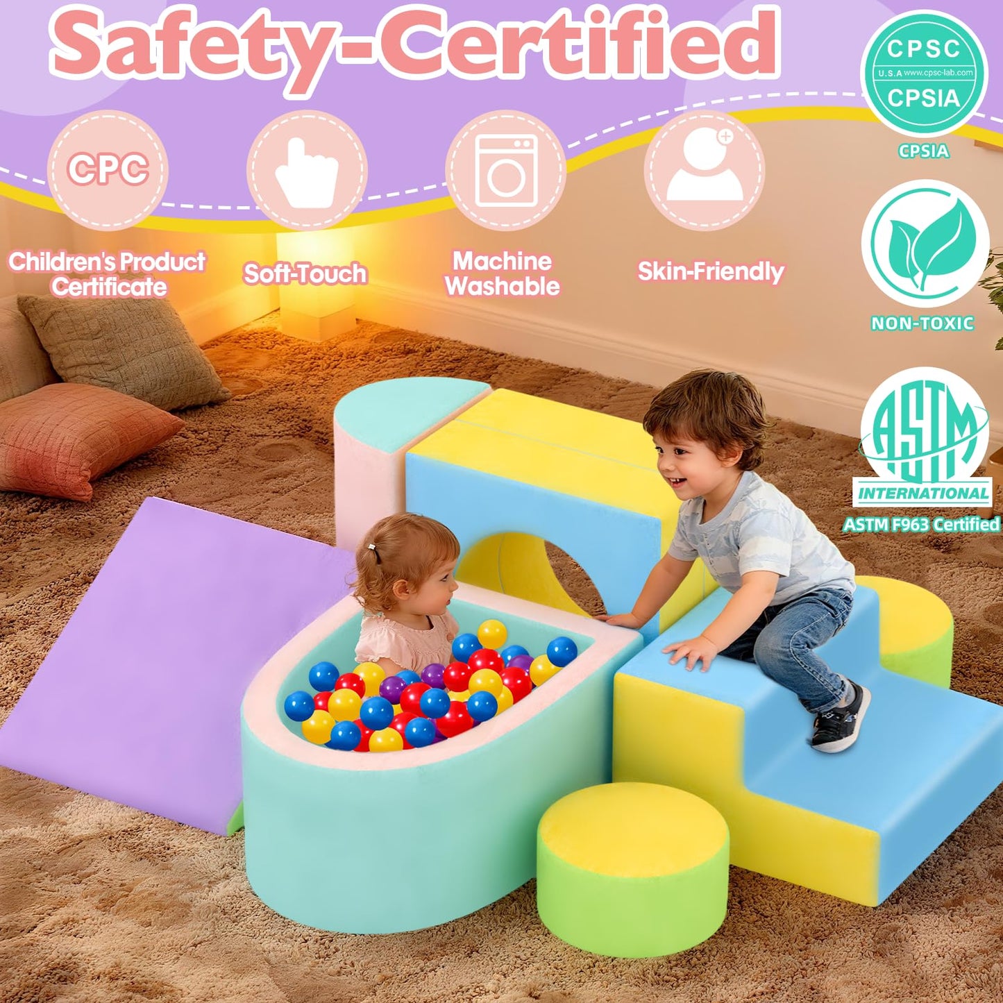 JUOIFIP Toddler Climbing Toys Indoor, 6-Piece Baby Foam Climbing Blocks with Ball Pit, Colourful Soft Play Set for Toddlers 1-3 Years Old, Kids' Indoor Climbers & Play Structures (Balls not Included)