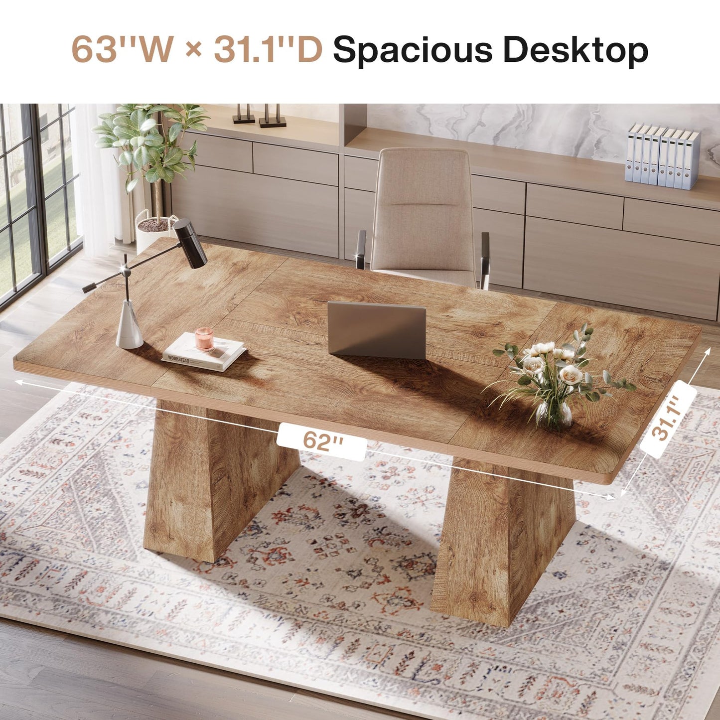 Tribesigns 63-Inch Executive Desk, Large Office Computer Desk with Double Pedestal, Modern Simple Workstations Writing Table Conference Table Business Furniture for Home Office, Natural