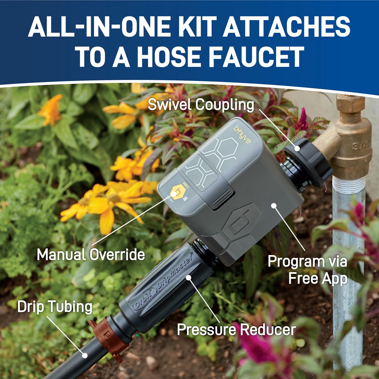 Orbit 69600 Shrub and Flower Bed Drip Irrigation Kit with B-hyve (Gen 2) Smart Hose Watering Timer