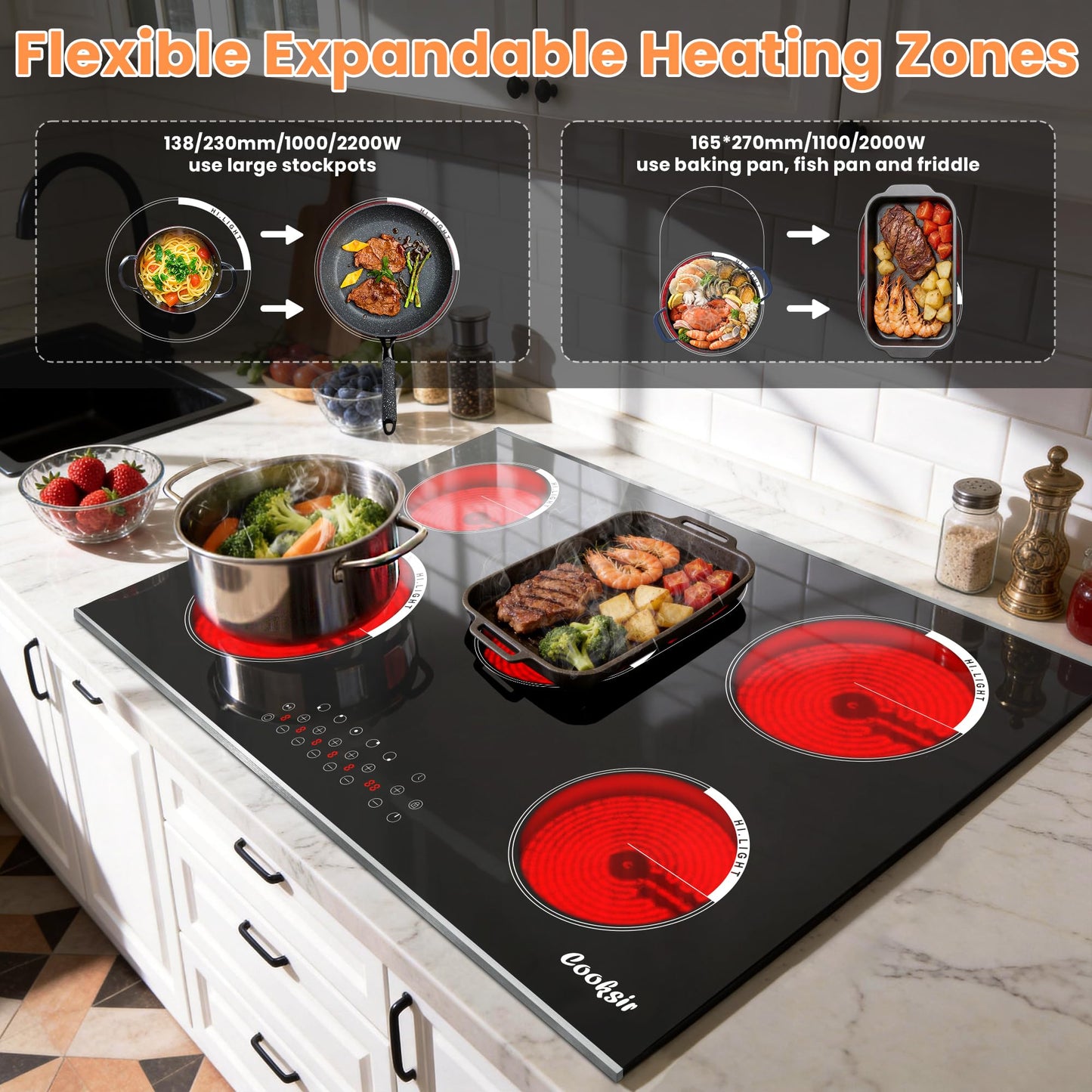 Cooksir Electric Cooktop 30 Inch - 5 Burner Electric Stove Built-in(29.13"x19.3") 8400W High Power, 30 In Ceramic Stove Touch Control with Timer, Safety Lock, Glass Metal Frame, 220-240V Hard Wired