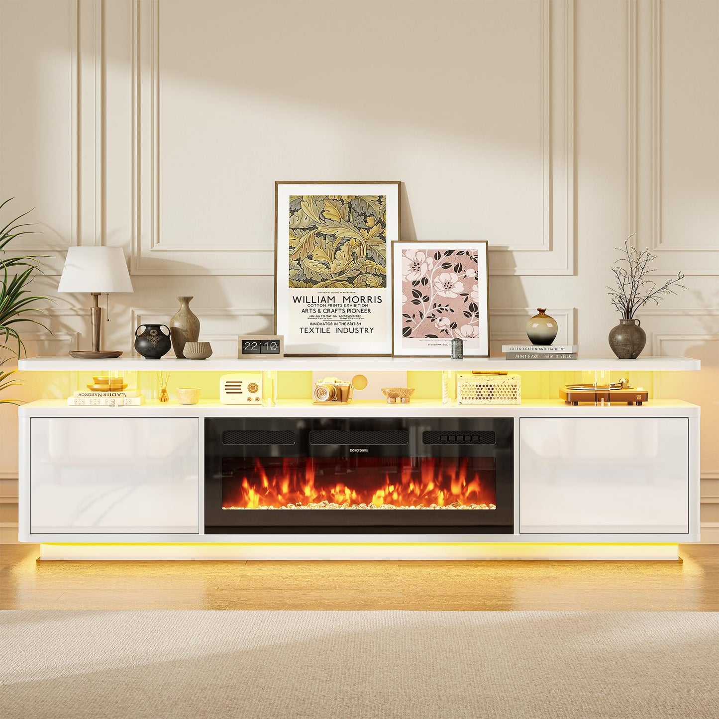 OneBlis 80" Fireplace TV Stand with Double LED Lights for TVs UP to 80", Electric Fireplace Entertainment Center with Storage Cabinets, TV Console for Living Room, Office, White