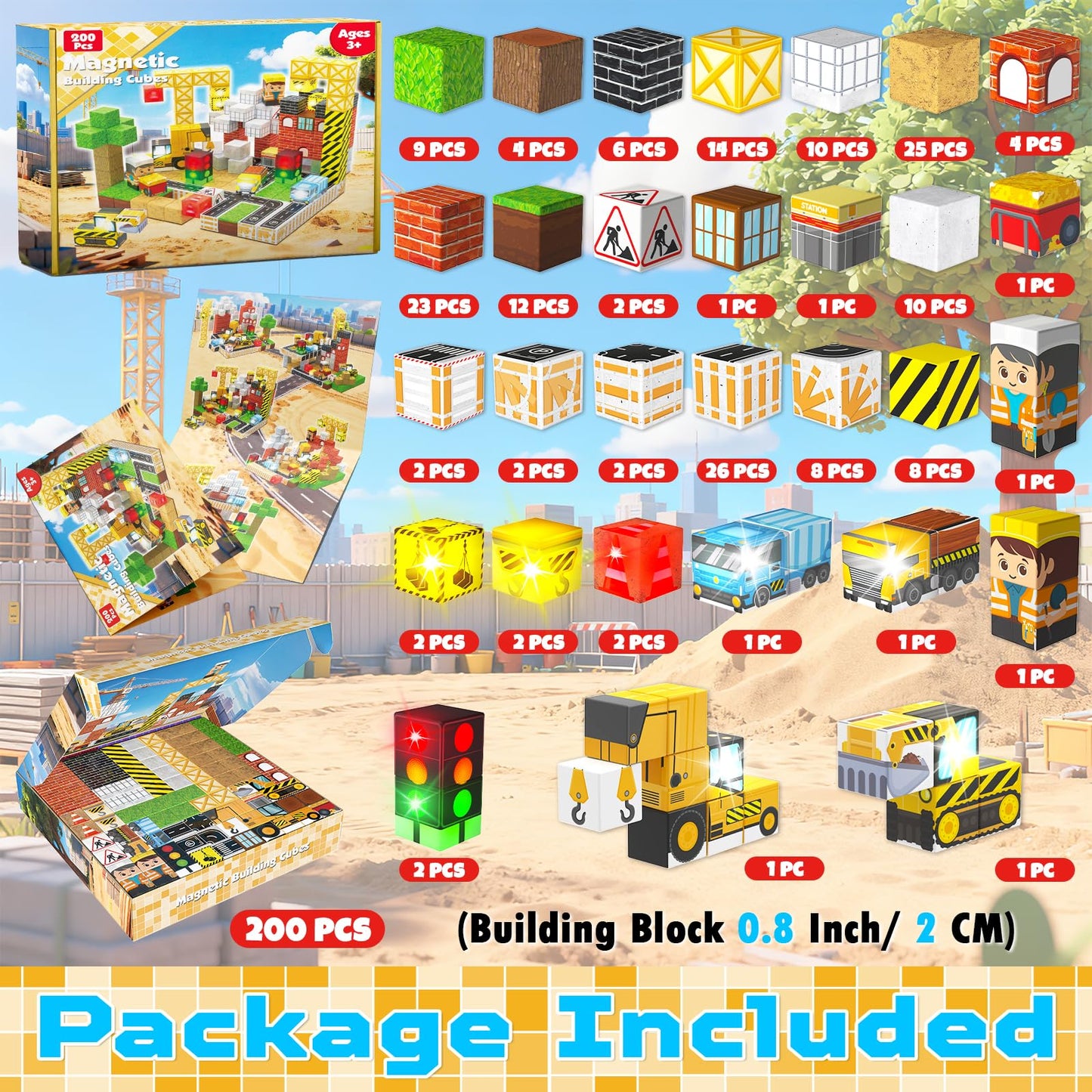 200PCS Light Up Magnetic Blocks - Magnet Building Blocks, Stacking Magent Cubes Construction Theme, STEM Montessori Sensory Educational Easter Birthday Gifts Toys for Kids Boys Girls Ages 3-12