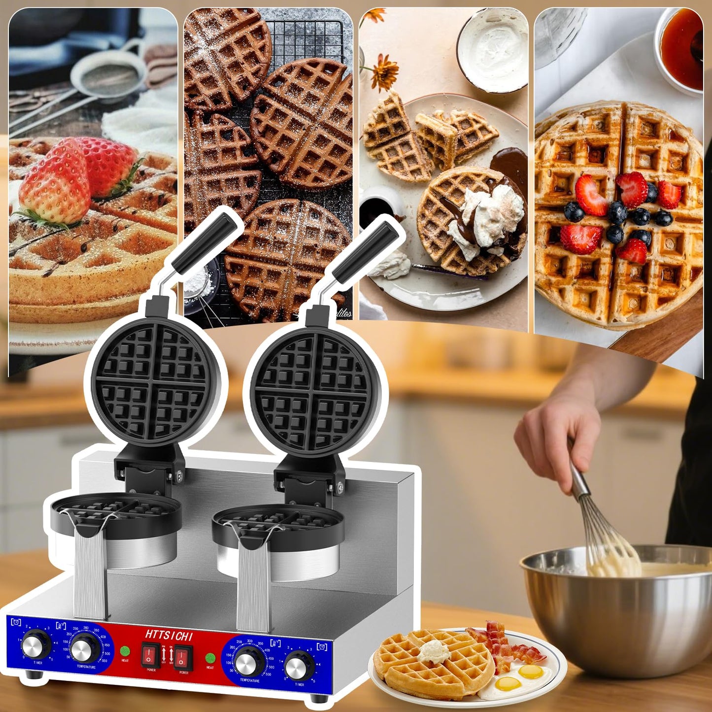 HTTSICHI Commercial Belgain Waffle Maker - Rotating Double Waffle Maker w/Non-stick and 1.2 in Thick, Filp Belgian Waffle Machine w/ 122-572℉ Temp Range and Timer, Stainless Steel Waffle Iron, 2400W