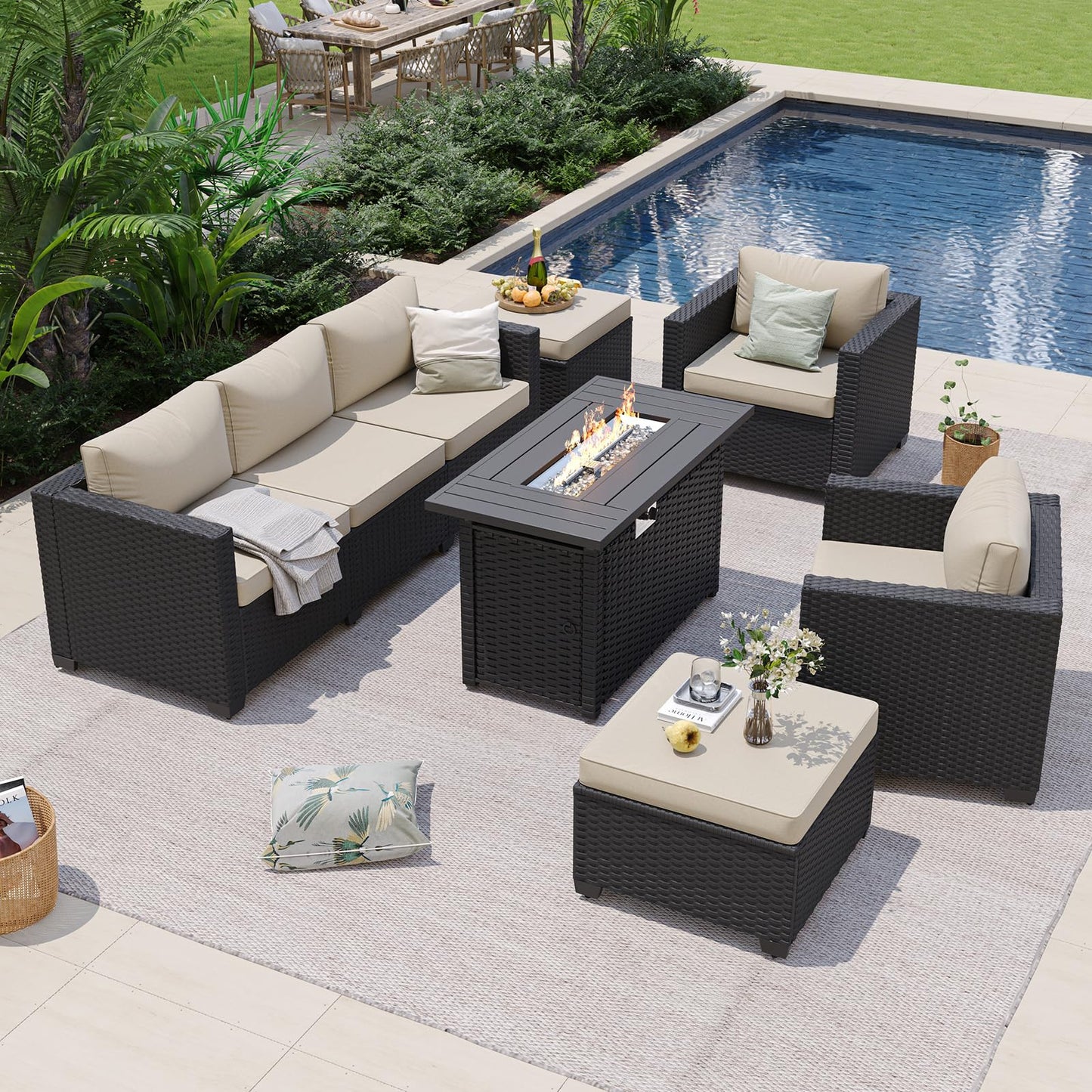 Aoxun Patio Furniture Set with Fire Pit Table, 6 Piece Outdoor Furniture Set with Wicker Ottomans, Rattan Outdoor Sectional Sofa with Thickened Cushion & Waterproof Cover Beige