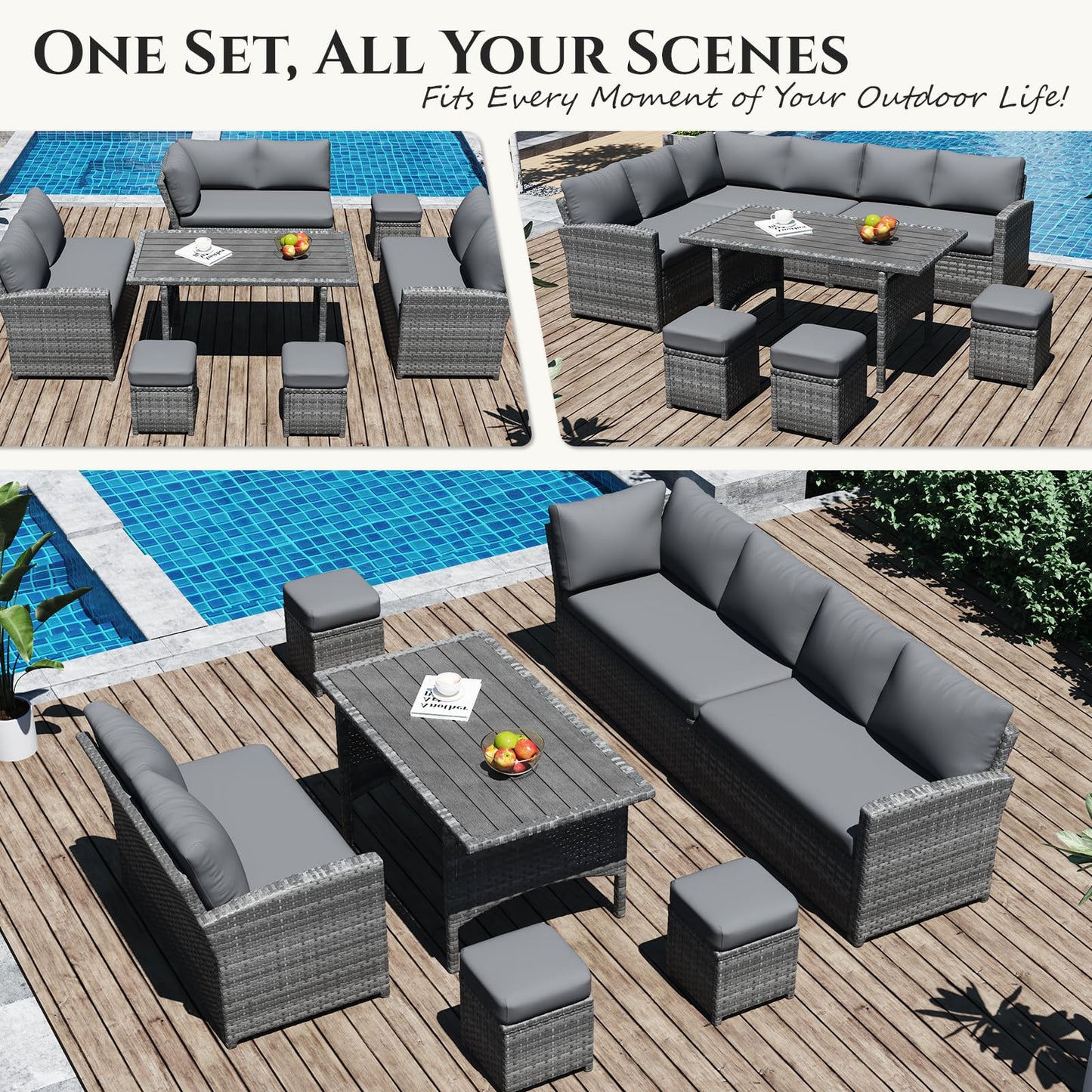 U-MAX 7 Pieces Patio Furniture Set with Waterproof Cover, Outdoor Sectional Sofa Conversation Set, All Weather Wicker Rattan Dining Table & Chair with Ottoman, Grey Rattan&Grey Cushion