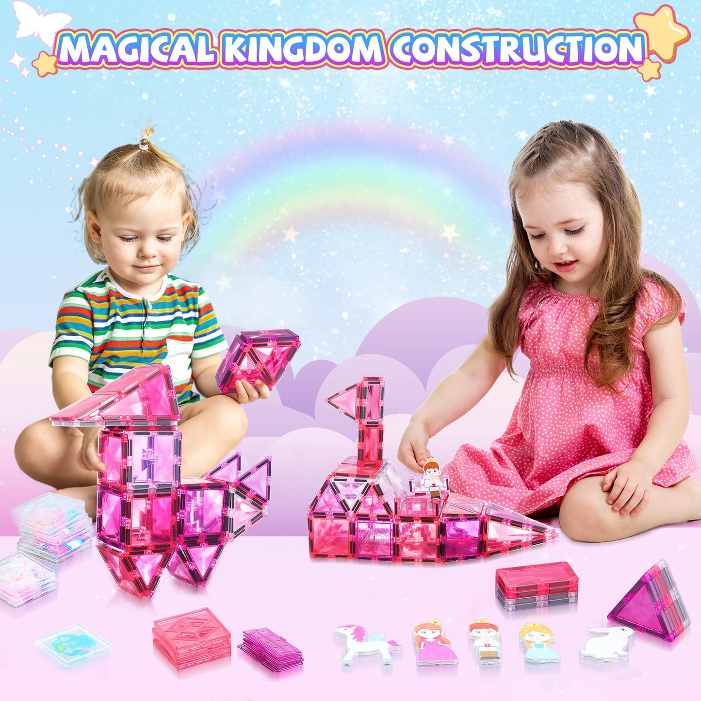W WISE BLOCK 101PCS Magnetic Blocks Set Including Cars and Accessories, Princess Magnet Building Tiles Sets, Castle Magnet Blocks STEM Toys for Girls Kids Ages 3 4 5 6 7 8 9+ Year Old