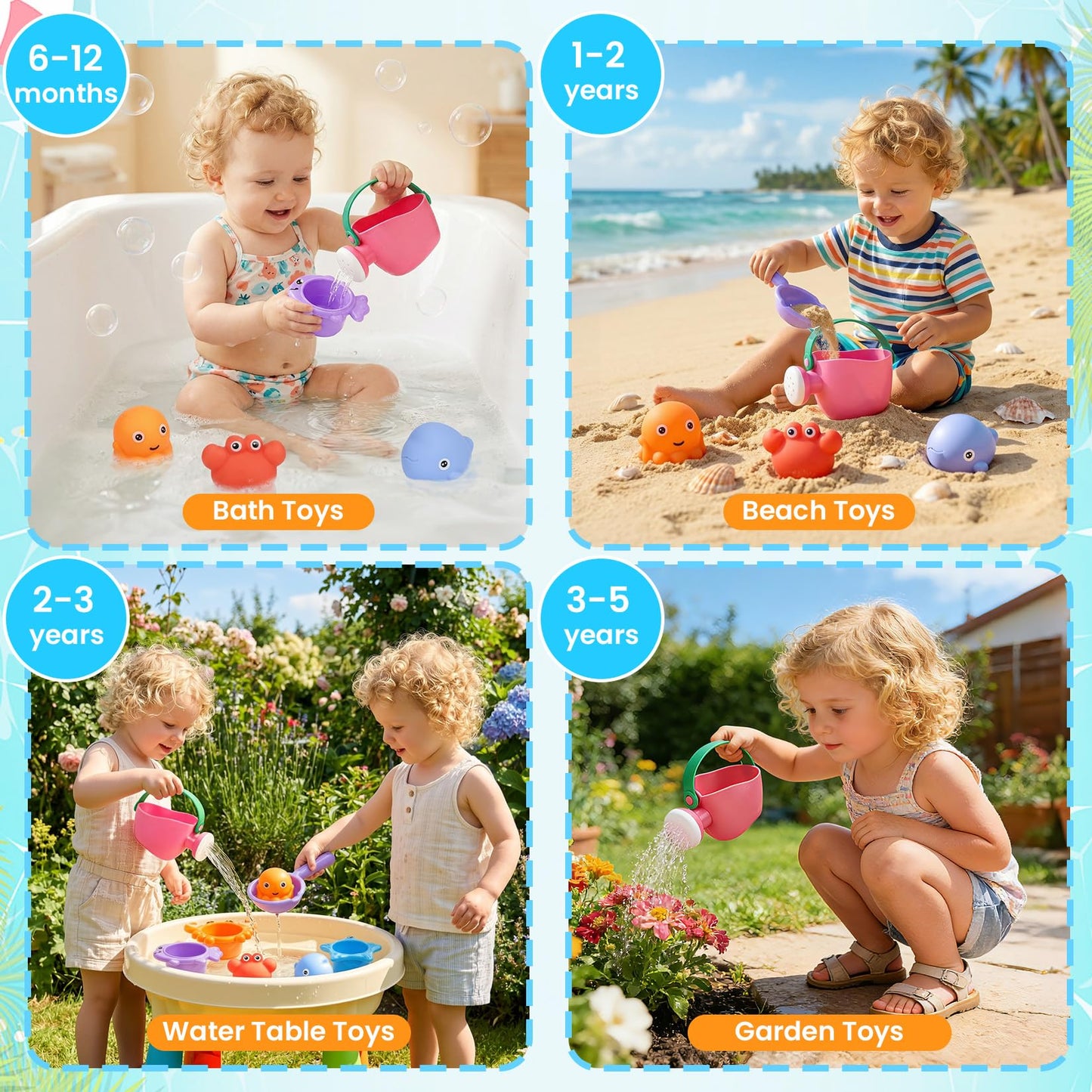 9 PCS Baby Bath Toys for Kids Ages 1-3, Toddler Bath Toys for 2-4 with 3 No Hole Squeezing Marine Animals Toys, Bathtub Beach Sand Water Table Toys for 1 2 3 Years Old Girls Boys Gifts