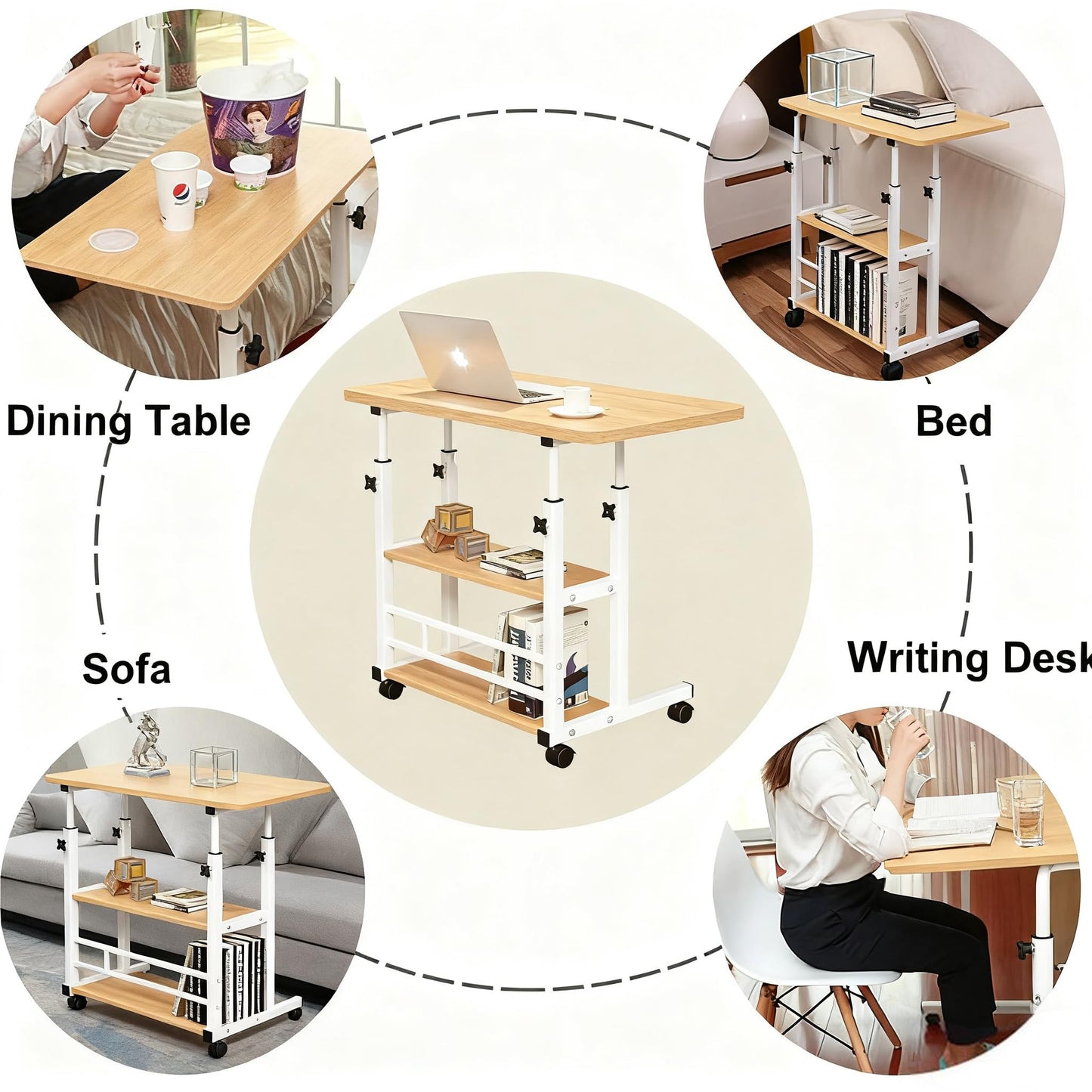 VebaCidi Medical Overbed Bedside Table with Two Shelves and Wheels (Hospital and Home Use), 31 1/2" Desk with Non Tilt Wooden Top, Adjustable Height (Walnut)