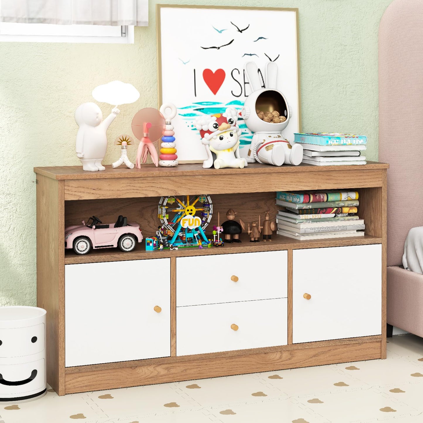 Costzon Toy Storage Organizer, Wooden Kids Toy Cabinet w/ 2 Drawers, 2 Cabinets & Open Shelf, Toy Organizers and Storage for Playroom, Bedroom, Nursery (Natural)