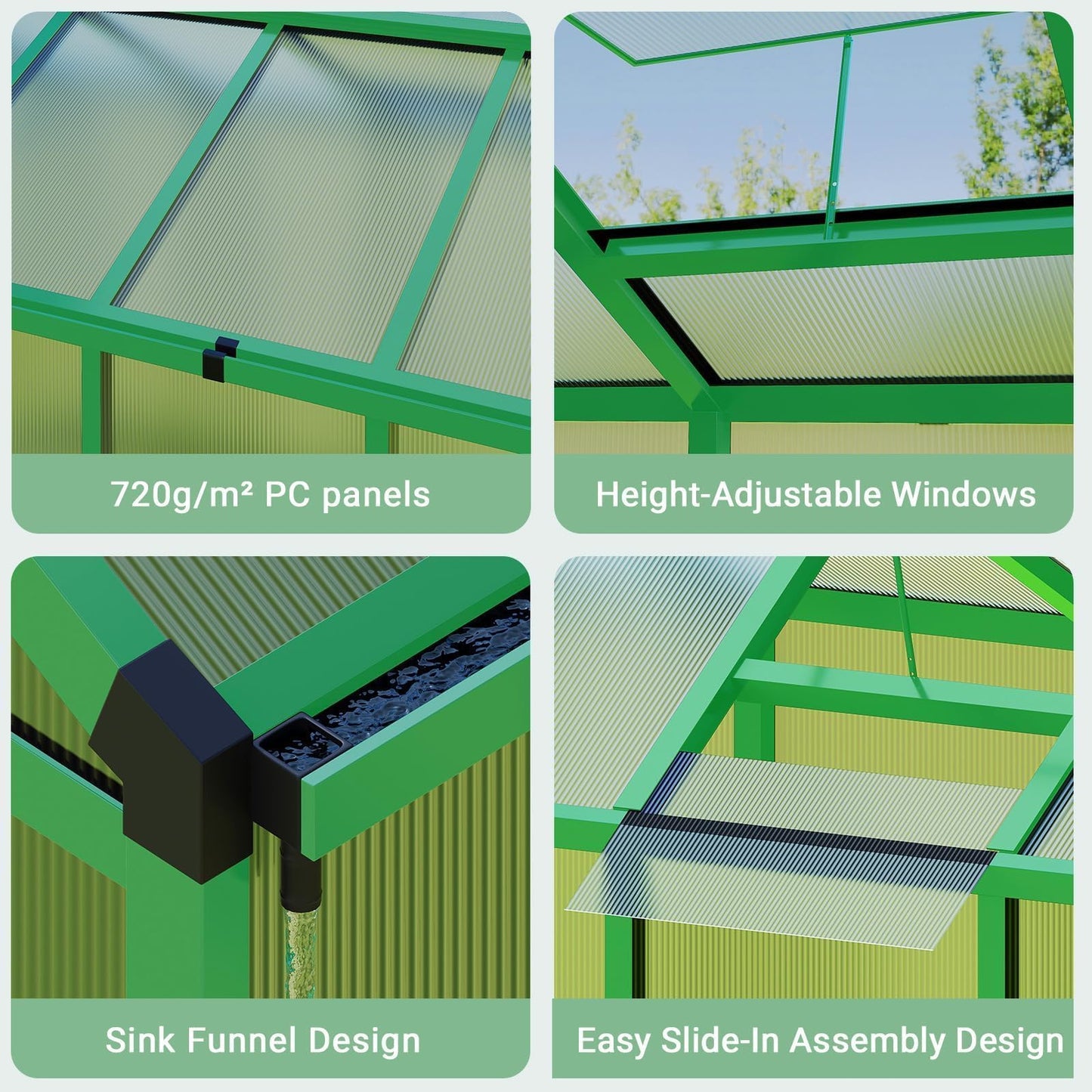 6X10FT Greenhouse, Aluminum Polycarbonate House, Green Houses for Outside with Sliding Doors, Outdoor Greenhouse with Ajustable Roof Vent, Withstands Bad Weather for Garden, or Backyard, Green