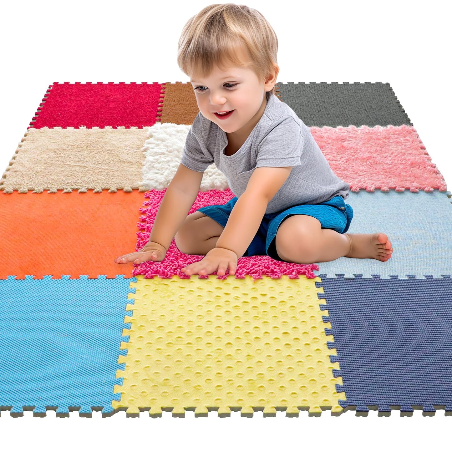 MOTGOM 12 Set Sensory Floor Tiles - Textured Sensory Mats, Interlocking Sensory Rug Sensory Toys for Autistic Children Kids Baby Toddler Multi Sensory Exploration, Tactile Play, Fidgeting Activity
