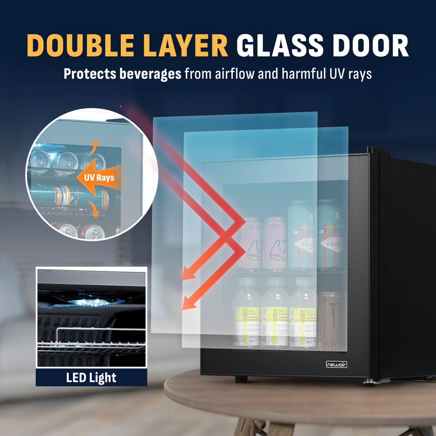 NewAir 60 Can Beverage Refrigerator | Compact Freestanding Mini Fridge for Bedroom, Dorm, Office or Gaming Room | Glass Door, Adjustable Shelf & Quiet Cooling | Black