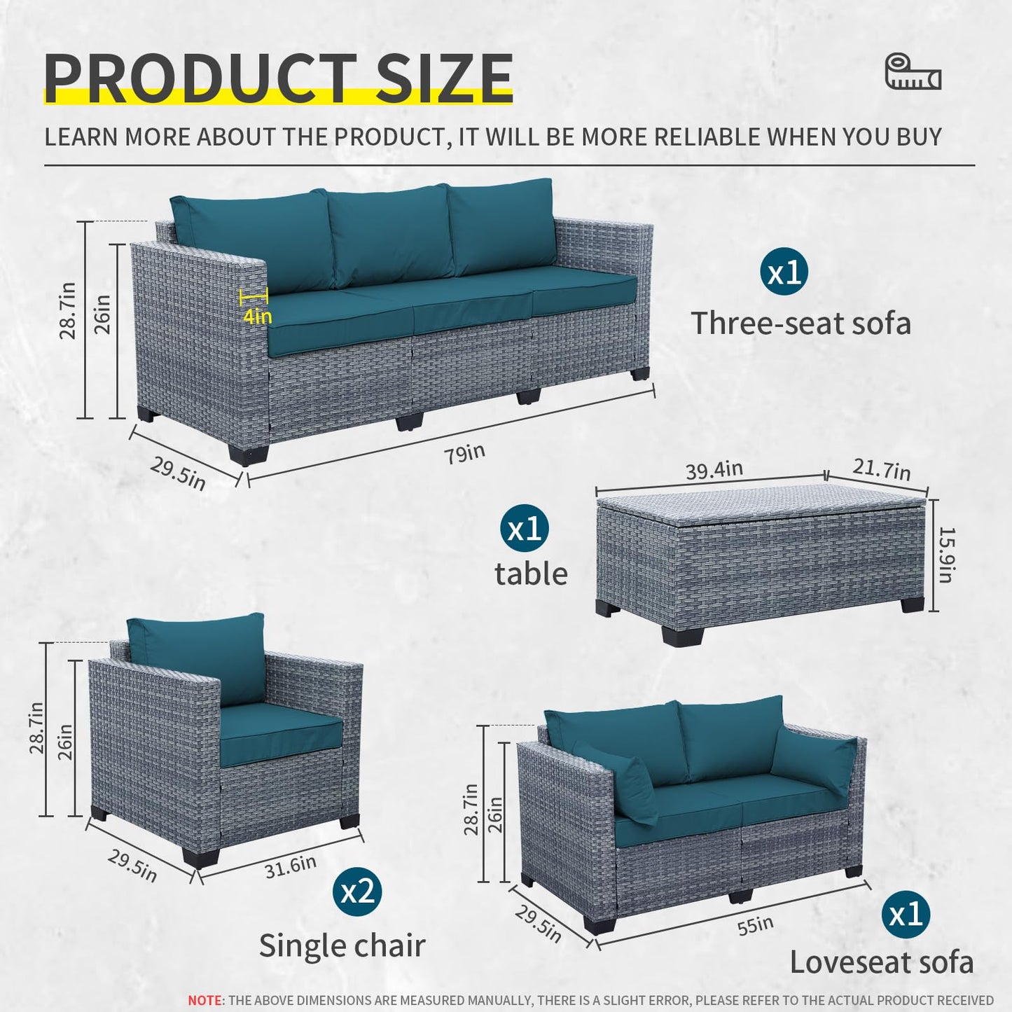 Lviden 5 Piece Wicker Patio Furniture Sets Outdoor Conversation Set, PE Rattan Sectional Sofa Couch with Storage Table and Non-Slip Peacock Blue Cushions, Furniture Covers Included