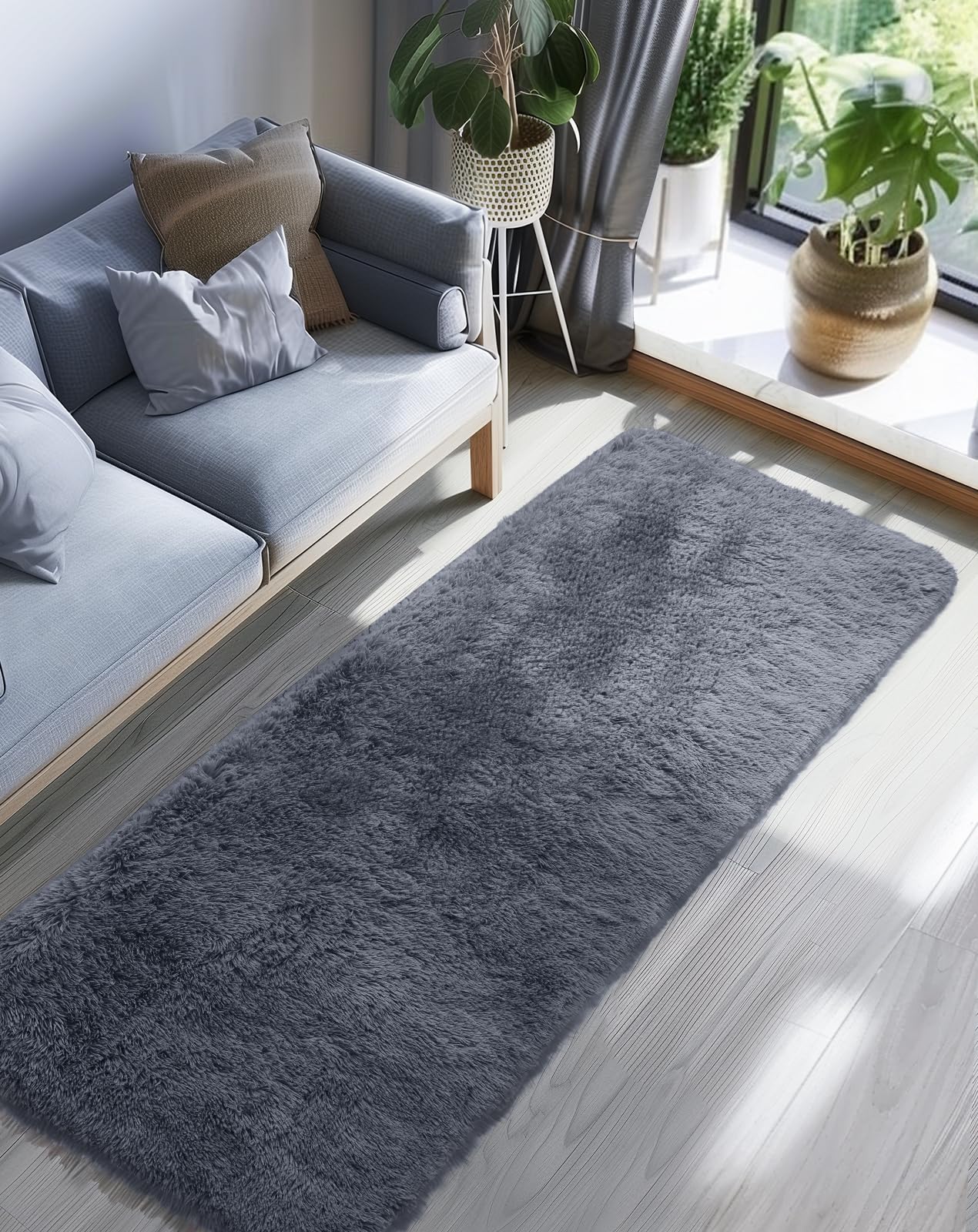 Ophanie Runner Rug for Hallway, 2x6 Upgrade Non-Slip Fluffy Soft Bedside Rugs, Bedroom Living Room Grey Shaggy Gray Carpet for Kids Girls Boys Dorm Nursery Home Decor Aesthetic